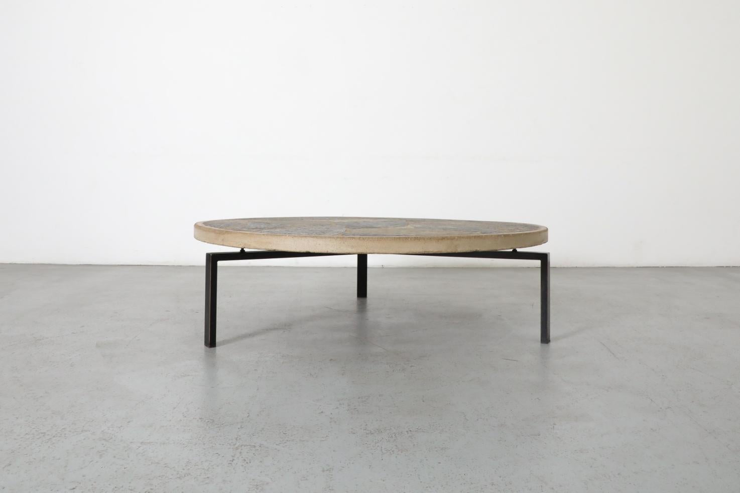 Metal Paul Kingma Style Round Textured Stone Top Coffee Table with Black Enameled Base For Sale