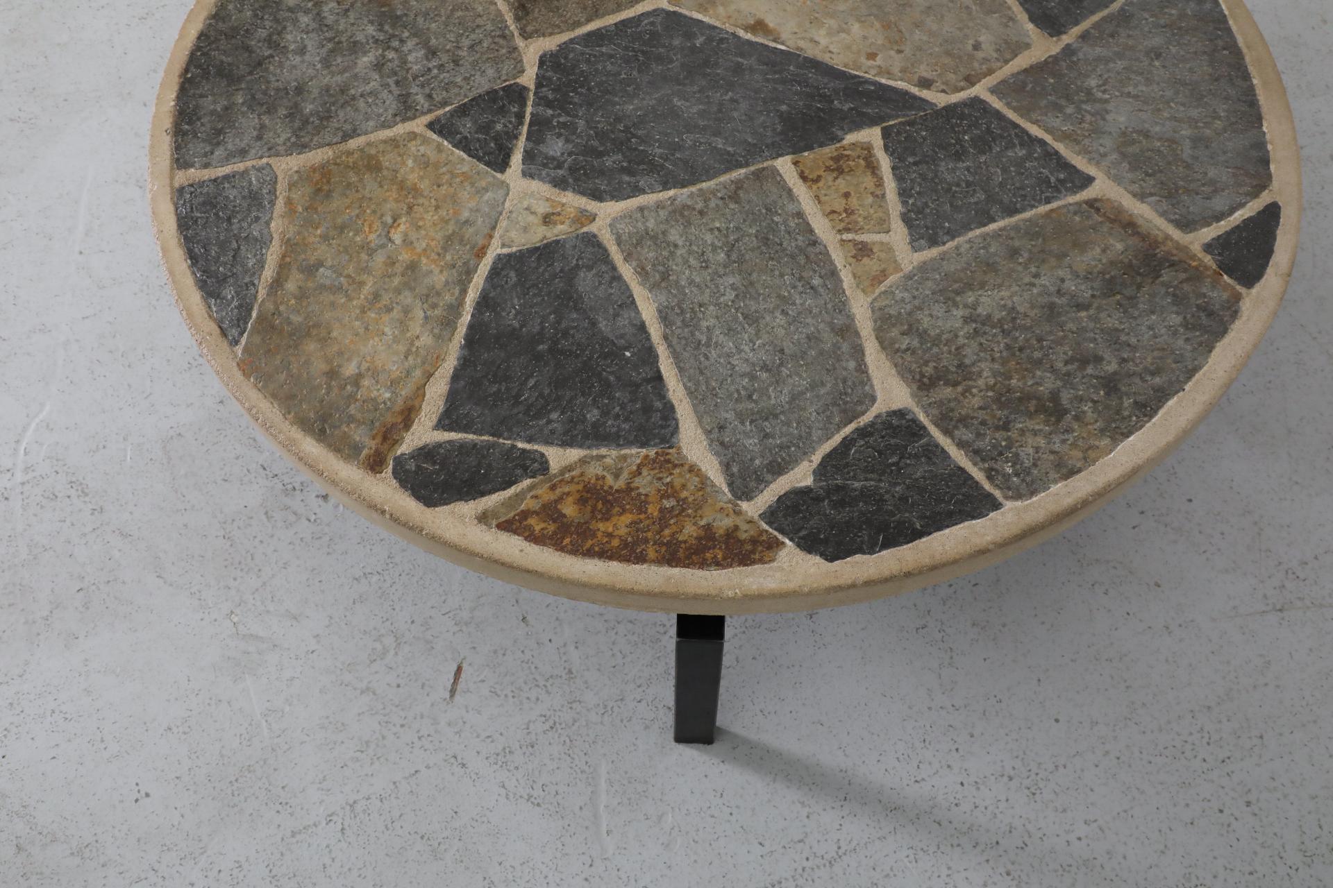 Paul Kingma Style Round Textured Stone Top Coffee Table with Black Enameled Base For Sale 1