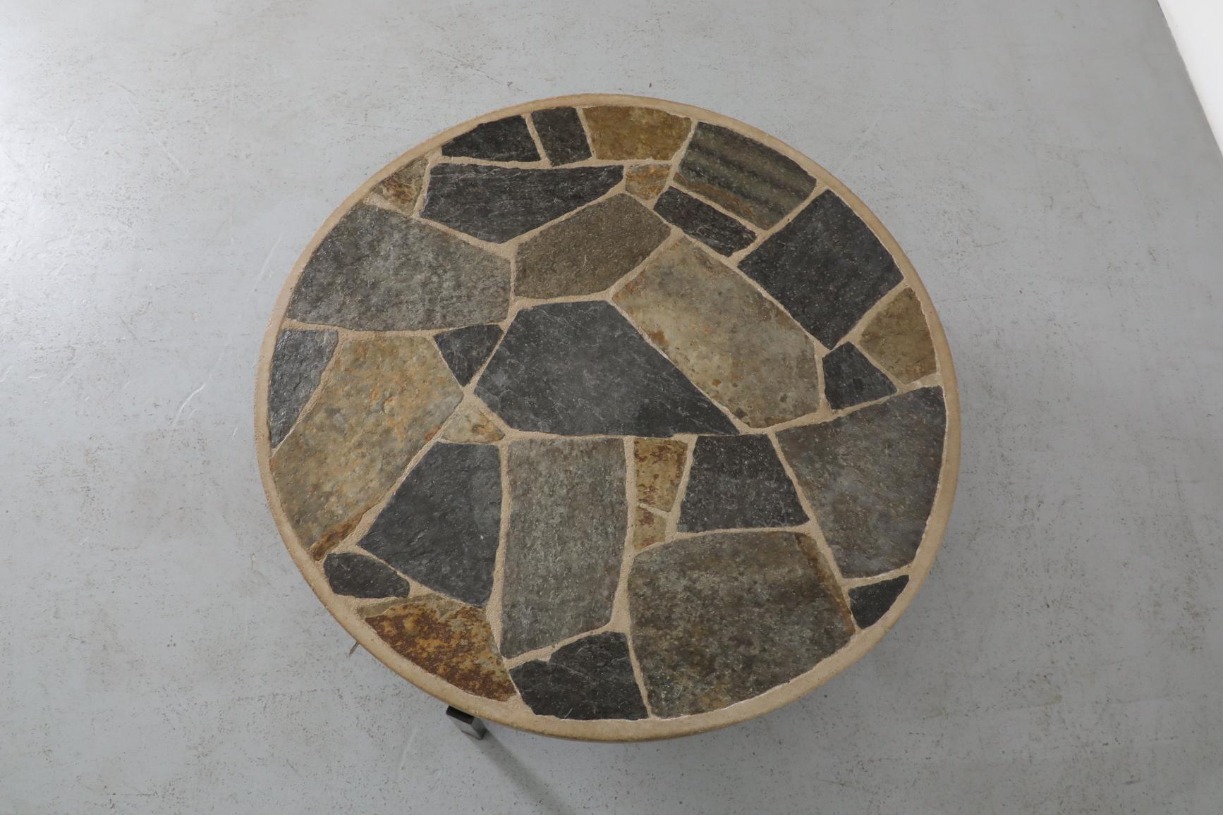Paul Kingma Style Round Textured Stone Top Coffee Table with Black Enameled Base For Sale 2