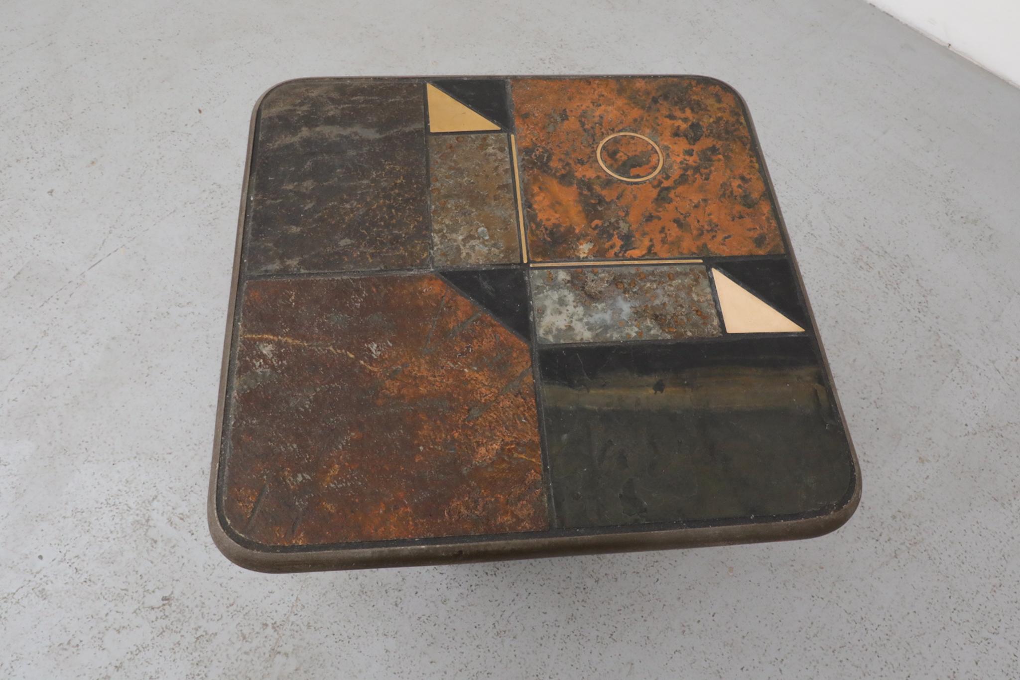 Paul Kingma Style Stone Mosaic Pedestal Side Table with Decorative Brass Detail For Sale 4
