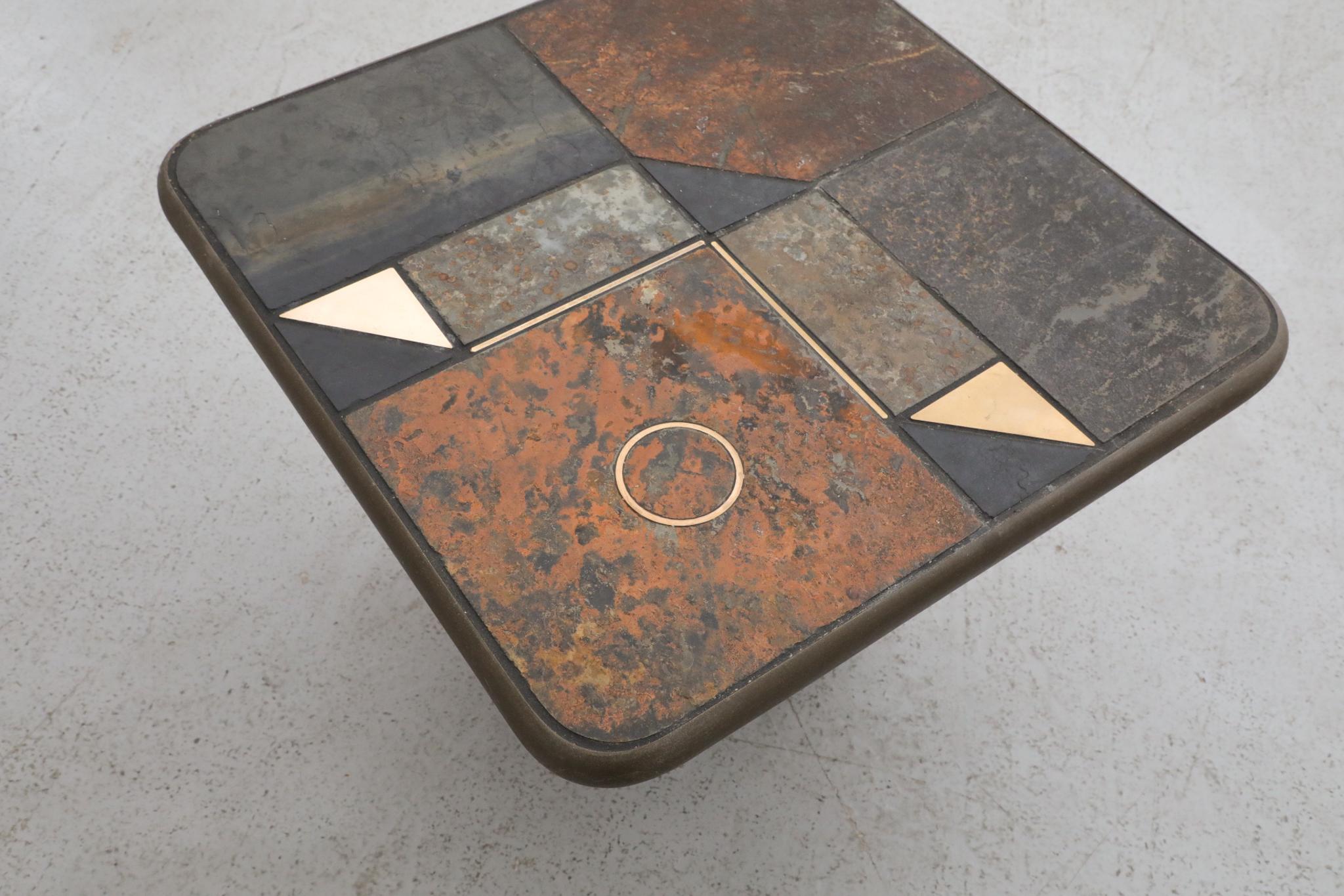 Paul Kingma Style Stone Mosaic Pedestal Side Table with Decorative Brass Detail For Sale 5