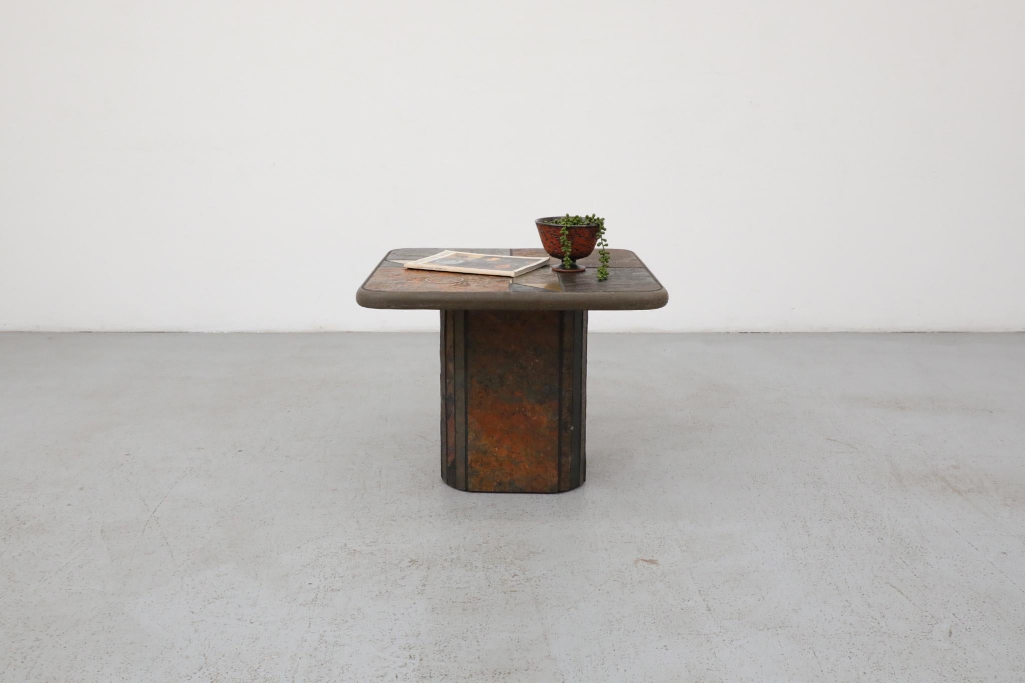 Mid-Century Paul Kingma inspired stone pedestal side table with geometric design and brass inlay. 1.5