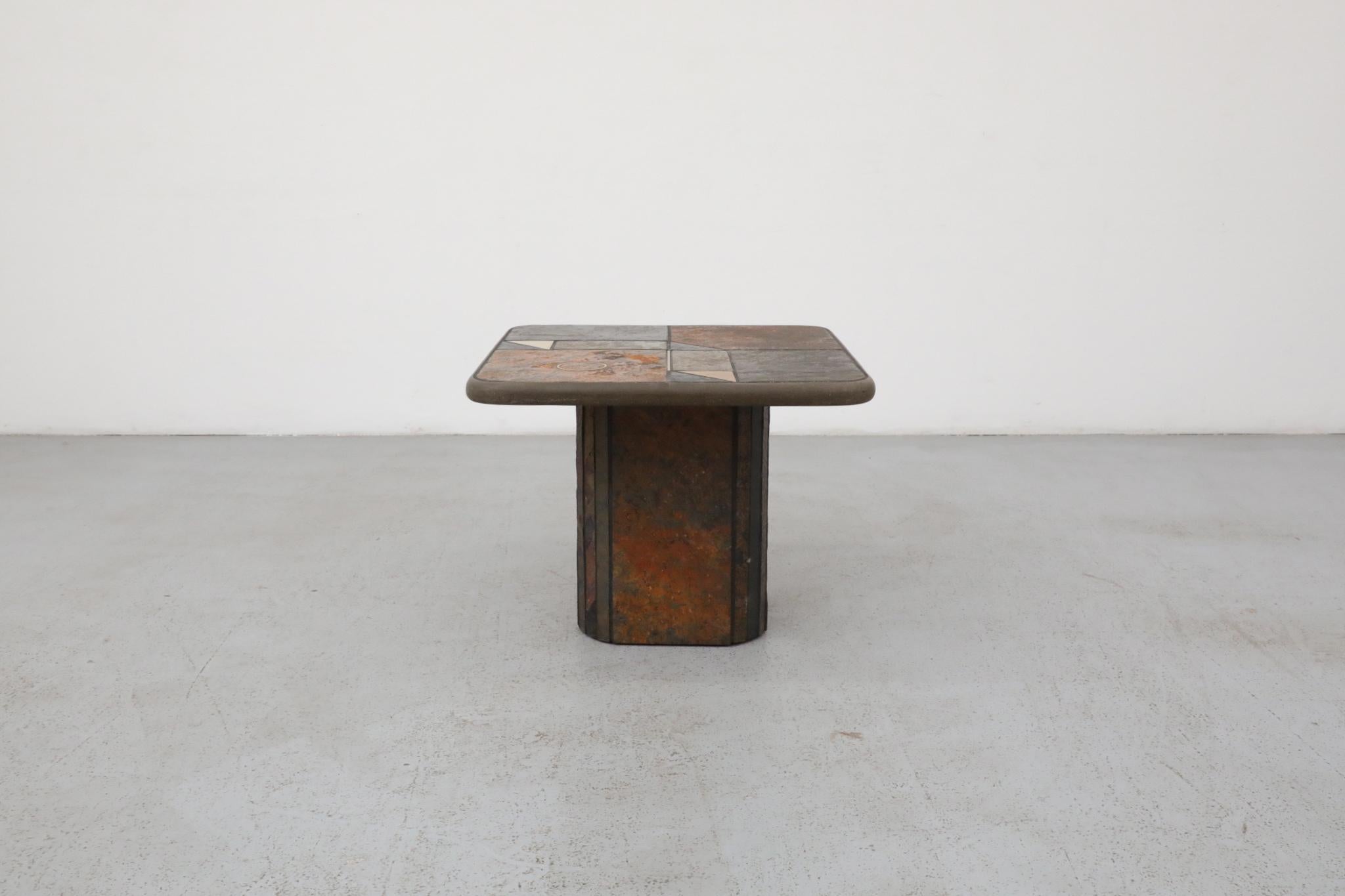 Brutalist Paul Kingma Style Stone Mosaic Pedestal Side Table with Decorative Brass Detail For Sale