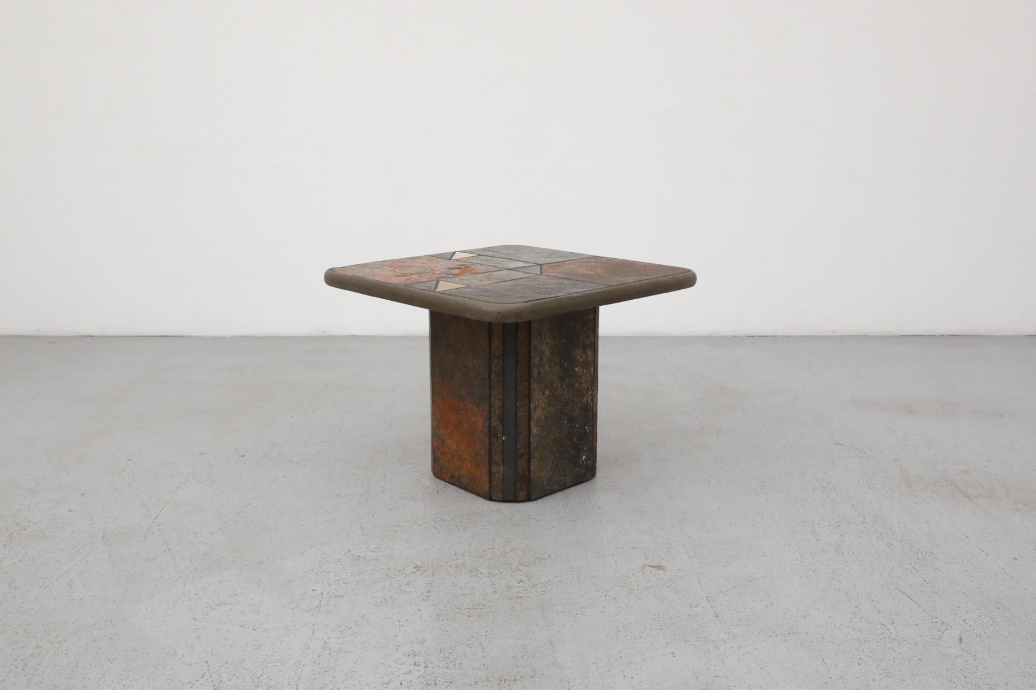 Dutch Paul Kingma Style Stone Mosaic Pedestal Side Table with Decorative Brass Detail For Sale