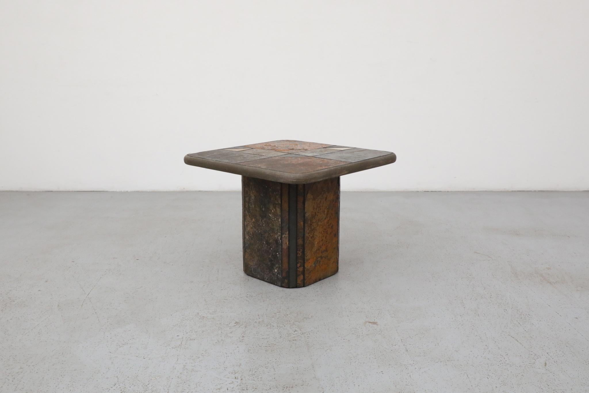 20th Century Paul Kingma Style Stone Mosaic Pedestal Side Table with Decorative Brass Detail For Sale