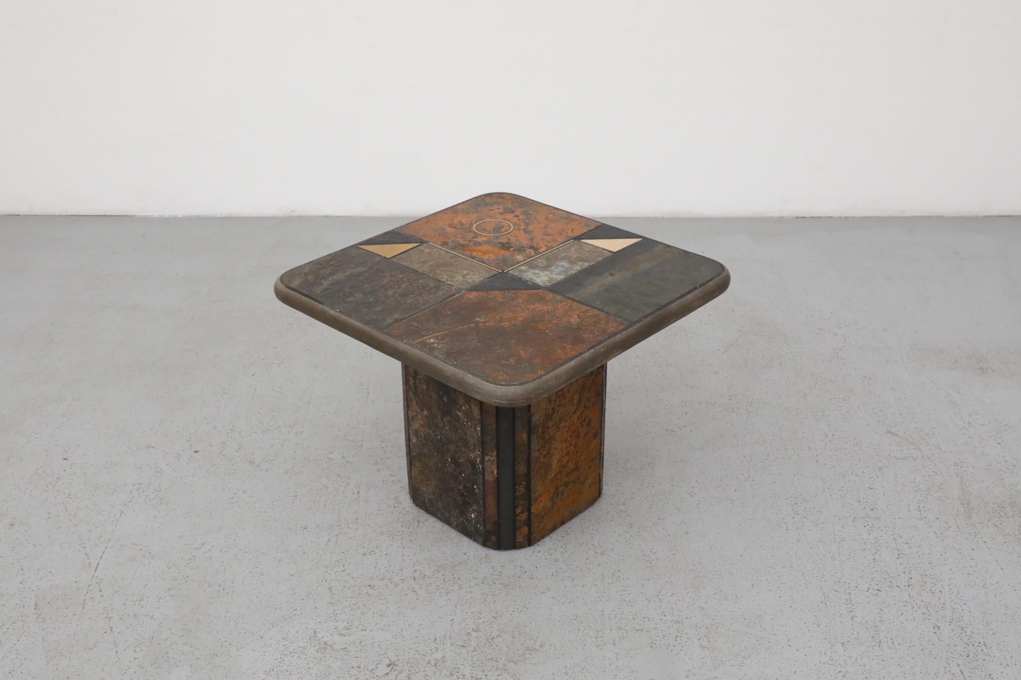Paul Kingma Style Stone Mosaic Pedestal Side Table with Decorative Brass Detail For Sale 1
