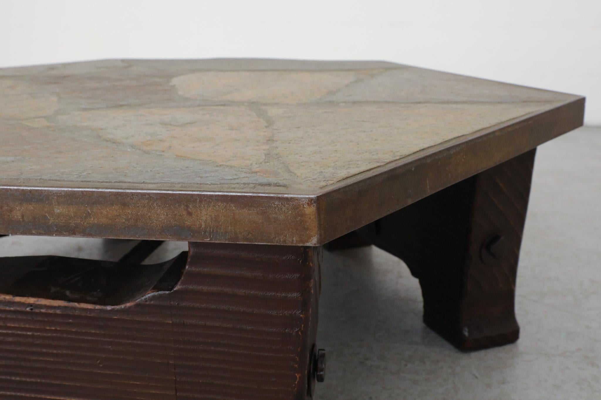 Paul Kingma Style Wood Base and Stone Mosaic Top Hexagonal Coffee Table For Sale 4