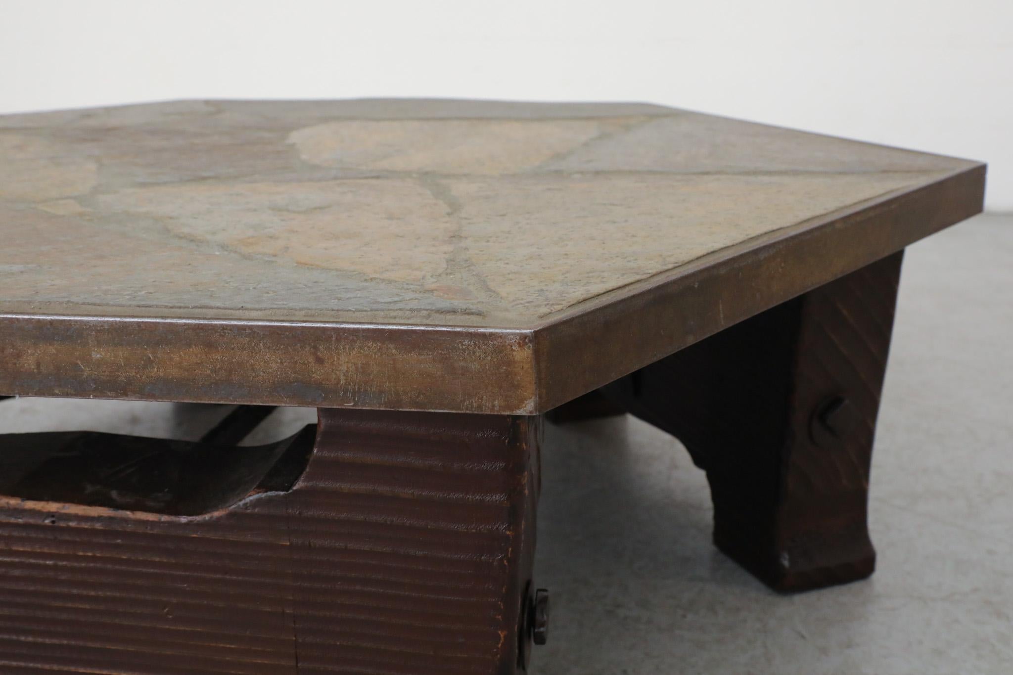 Paul Kingma Style Hexagonal Coffee Table with Wood Base and Stone Mosaic Top For Sale 4