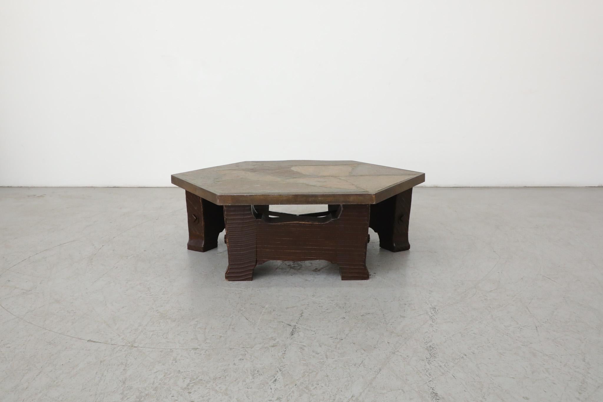 Mid-Century Modern Paul Kingma Style Wood Base and Stone Mosaic Top Hexagonal Coffee Table For Sale