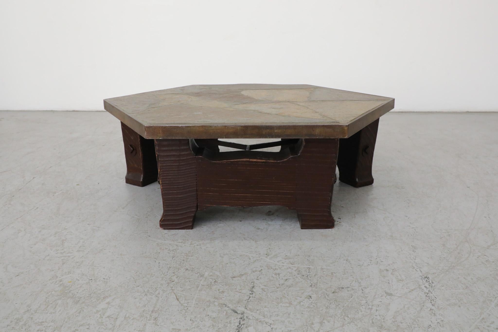 Dutch Paul Kingma Style Wood Base and Stone Mosaic Top Hexagonal Coffee Table For Sale