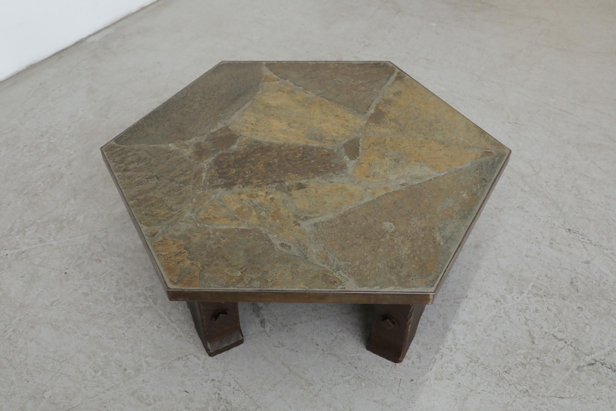 Paul Kingma Style Wood Base and Stone Mosaic Top Hexagonal Coffee Table In Good Condition For Sale In Los Angeles, CA