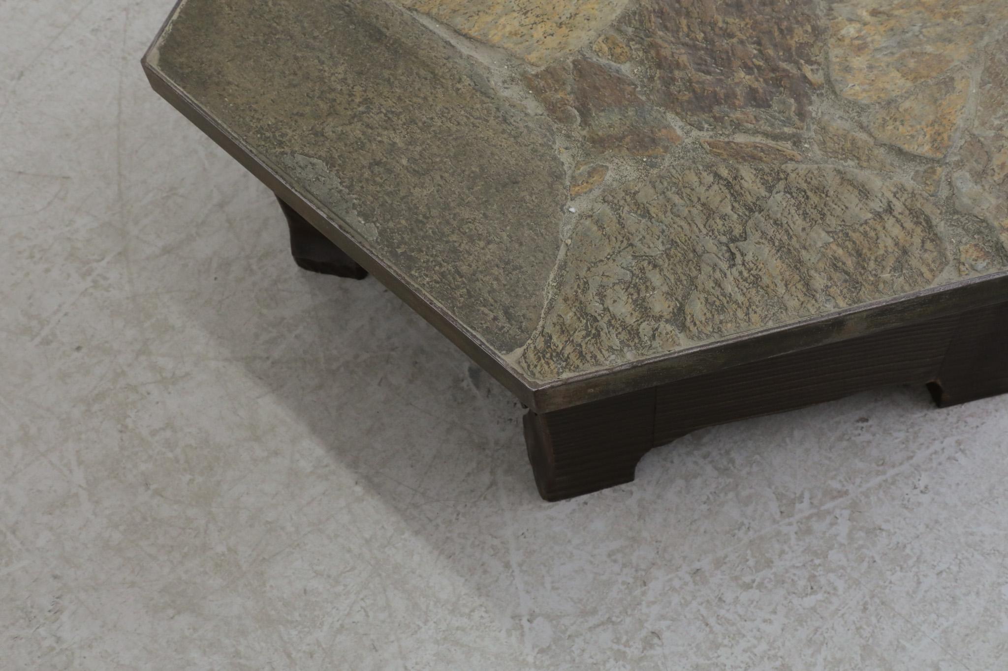 Metal Paul Kingma Style Wood Base and Stone Mosaic Top Hexagonal Coffee Table For Sale