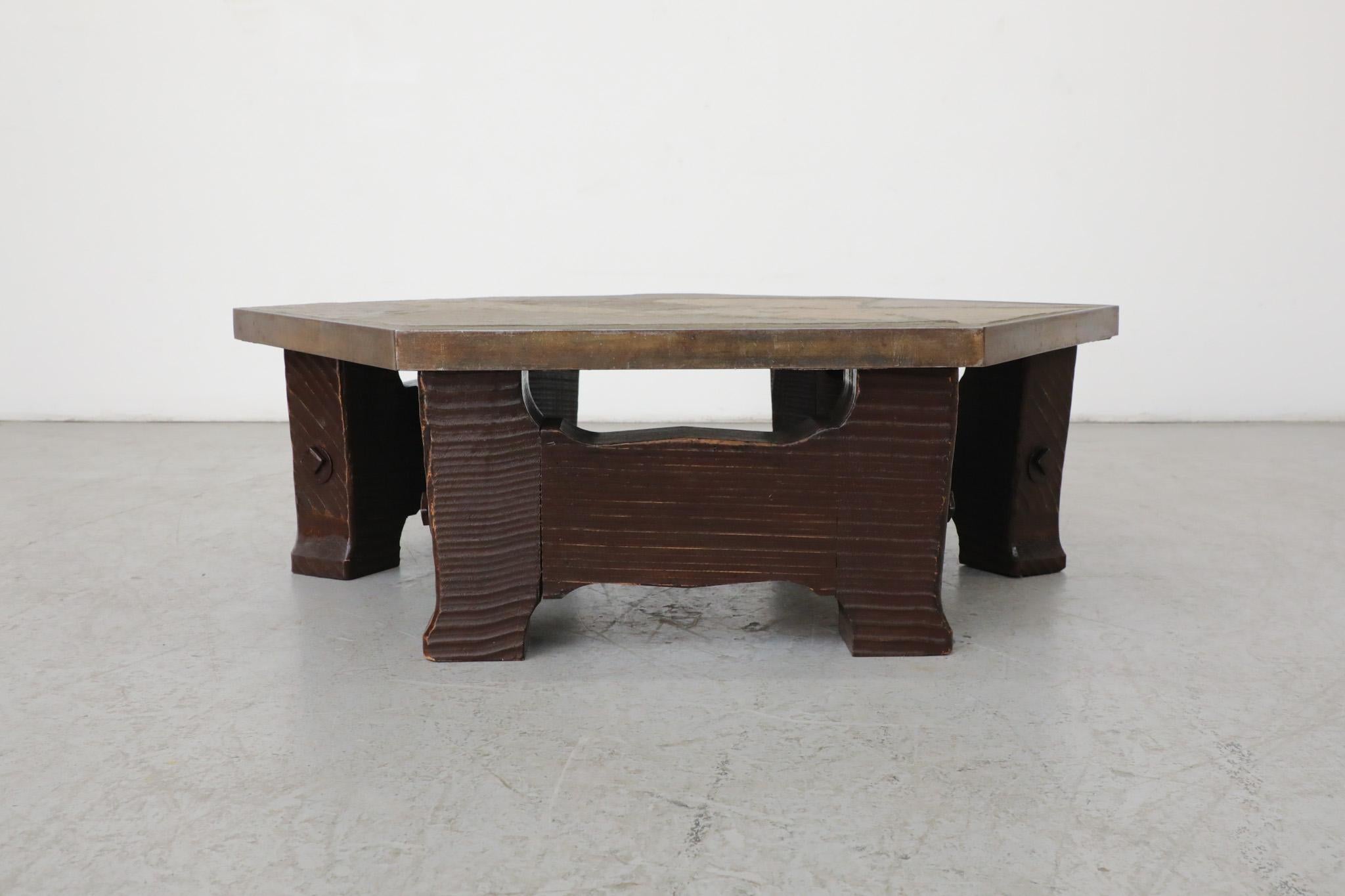 Paul Kingma Style Wood Base and Stone Mosaic Top Hexagonal Coffee Table For Sale 1