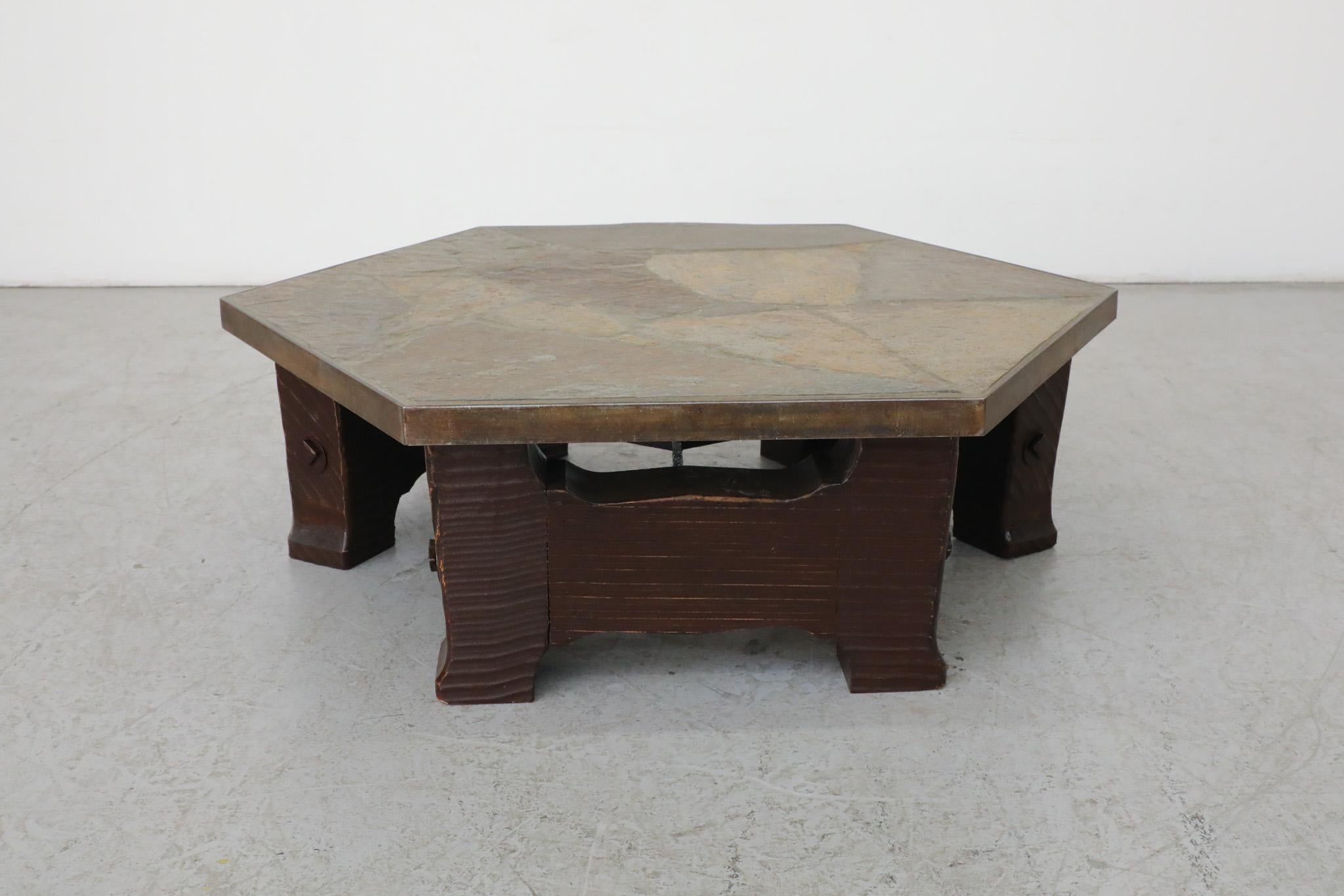 Paul Kingma Style Wood Base and Stone Mosaic Top Hexagonal Coffee Table For Sale 2