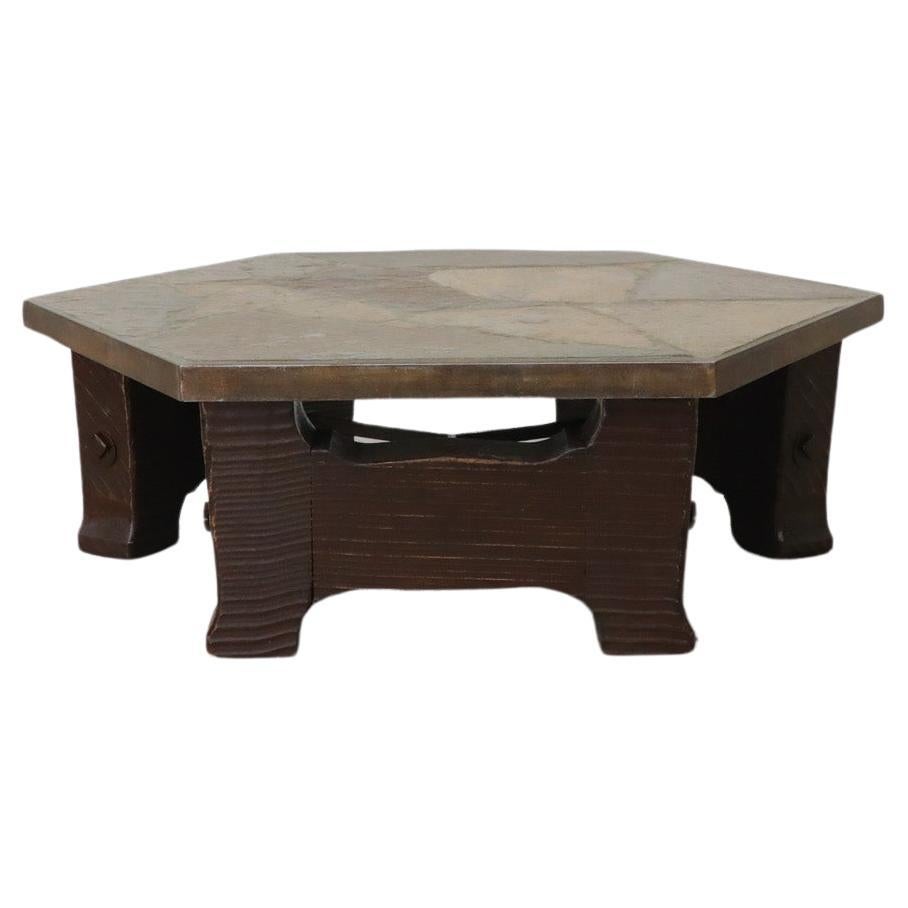 Paul Kingma Style Wood Base and Stone Mosaic Top Hexagonal Coffee Table