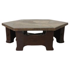 Used Paul Kingma Style Wood Base and Stone Mosaic Top Hexagonal Coffee Table