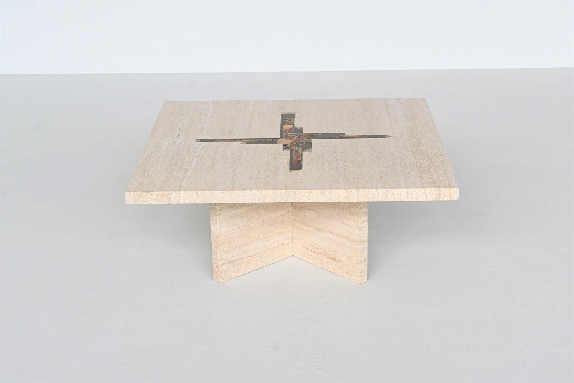 Beautiful square shaped coffee table designed and made by Paul Kingma, The Netherlands 1980. The heavy white solid travertin top rests on a travertine cross base, made of two parts. Beautiful composition of travertin, mineral stones, copper and