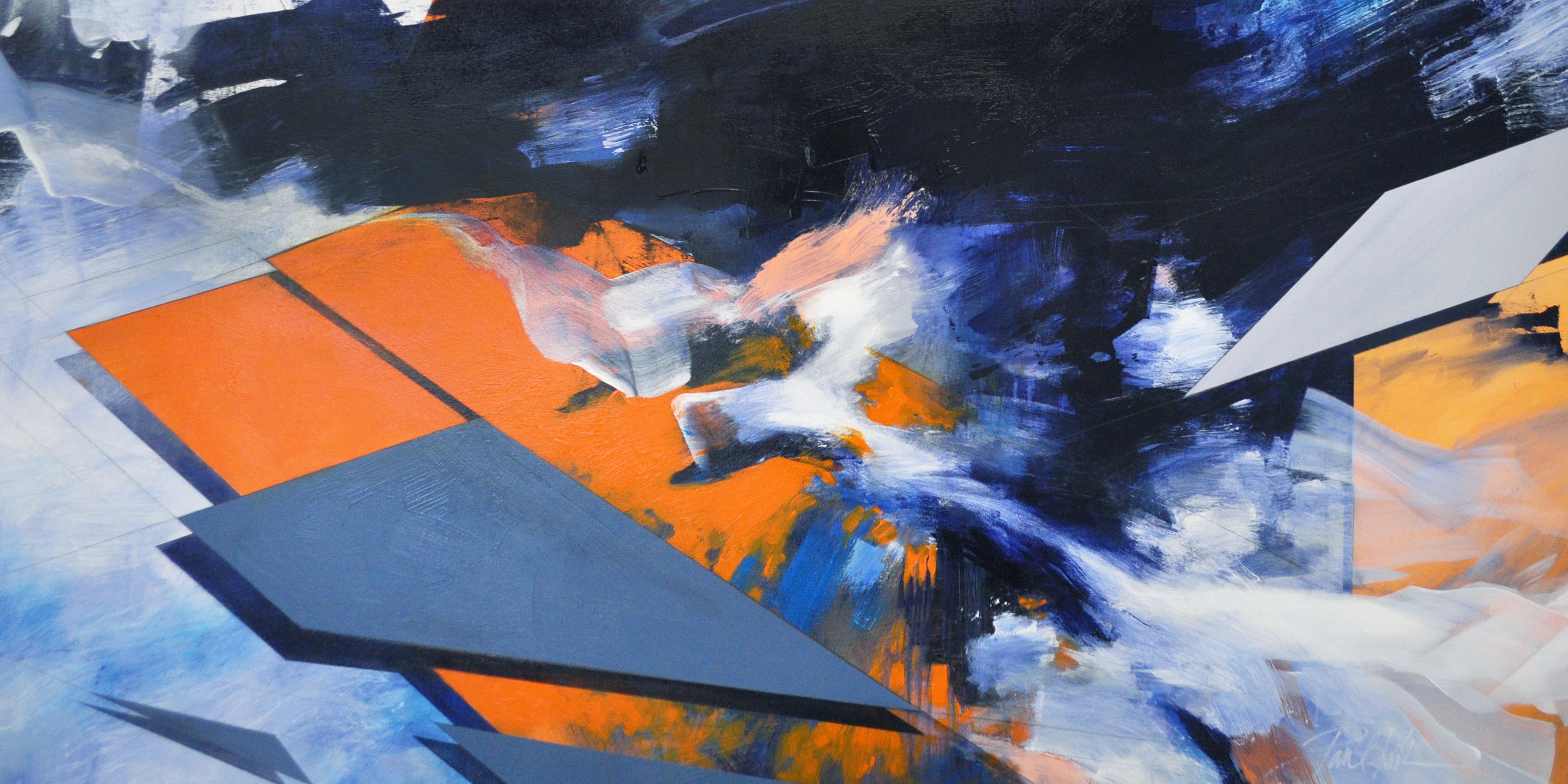 <p>Artist Comments<br />Geometric and organic elements flow together in this striking abstract, blending elements of land and sky. Bright orange planes provide compelling balance to the varied blues. "Loose, energetic, and full of motion, this piece