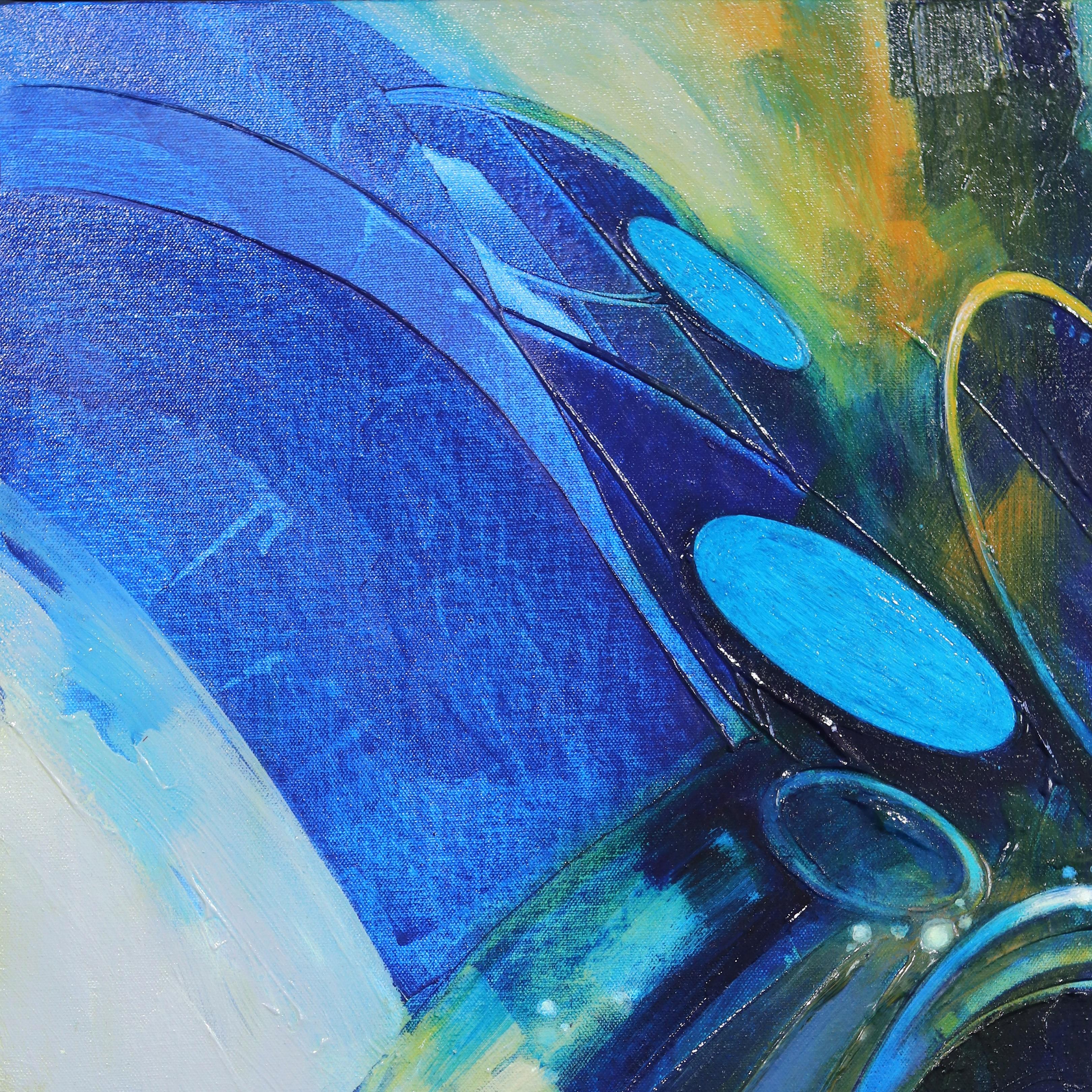 Bewegung in Blau  Blaues abstraktes gerahmtes Gemälde (Abstrakter Expressionismus), Painting, von Paul Kirley