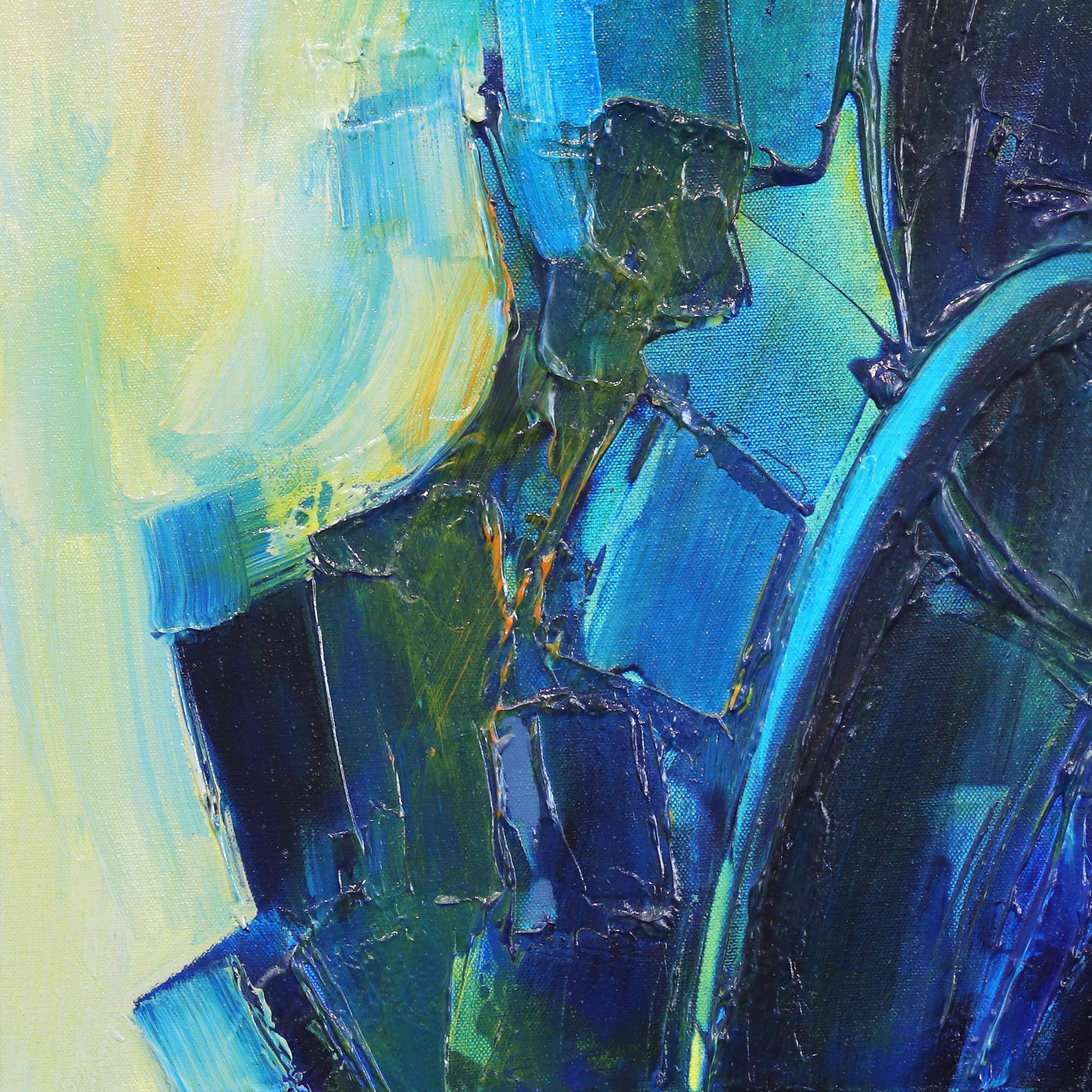 Bewegung in Blau  Blaues abstraktes gerahmtes Gemälde im Angebot 3