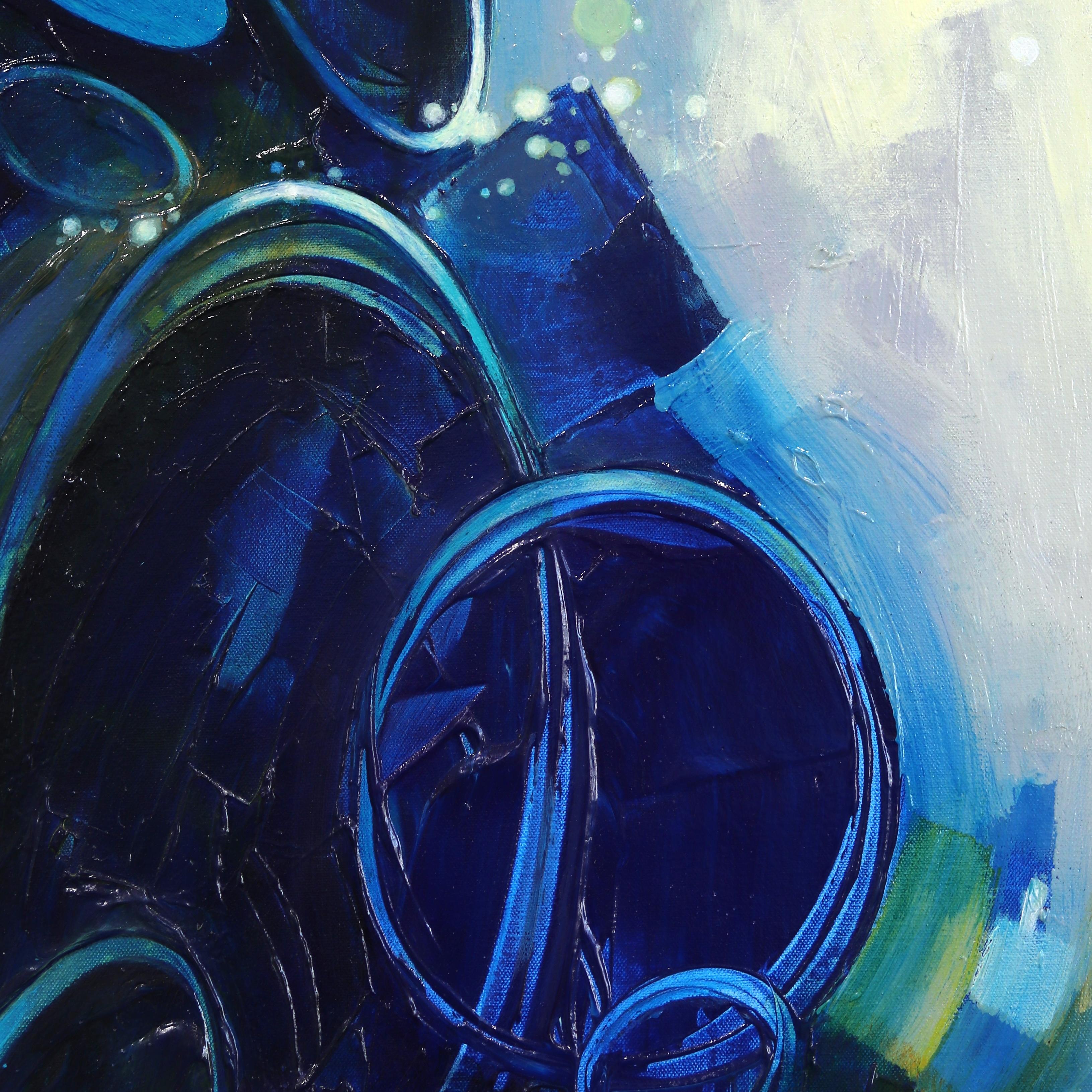 Bewegung in Blau  Blaues abstraktes gerahmtes Gemälde im Angebot 4
