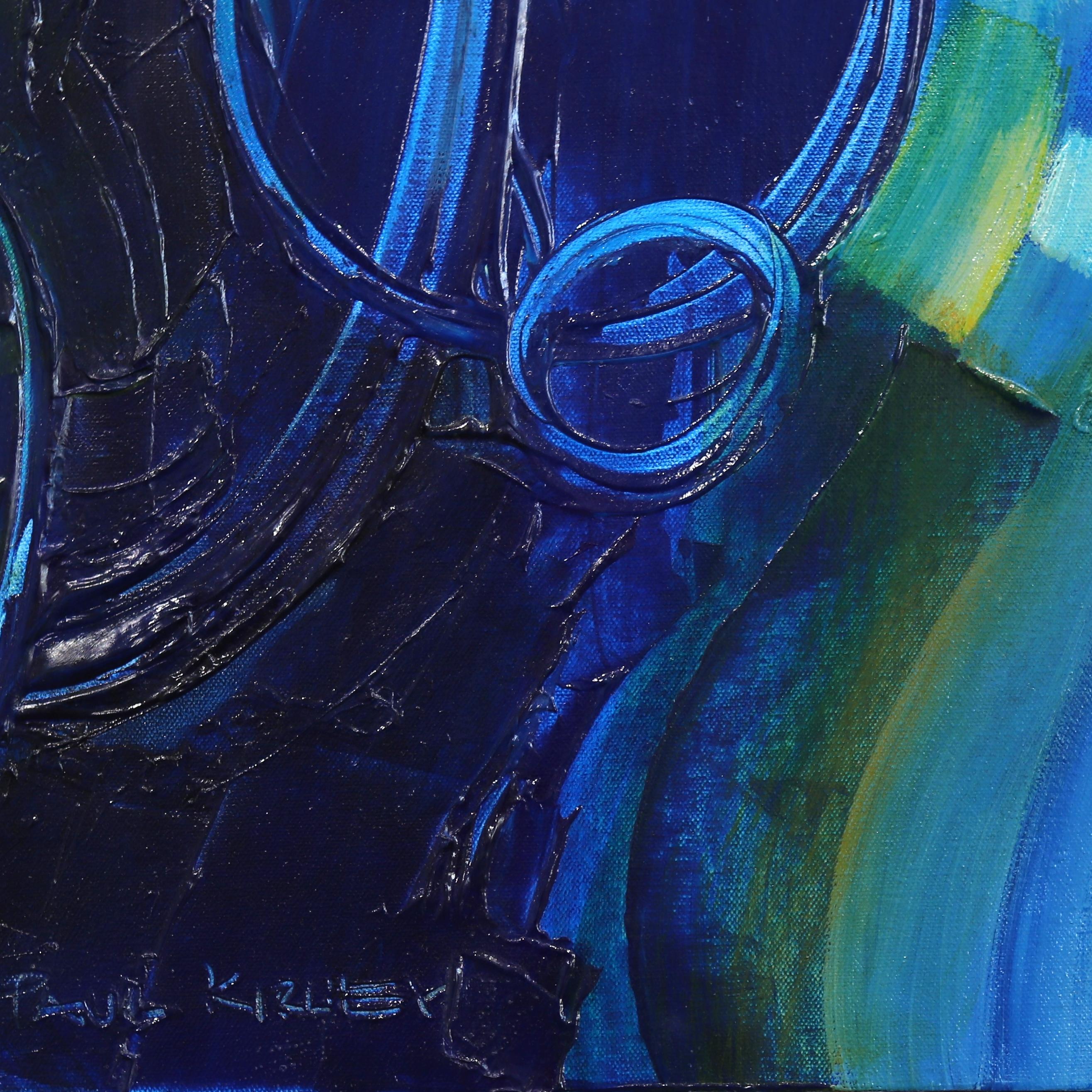 Bewegung in Blau  Blaues abstraktes gerahmtes Gemälde im Angebot 5