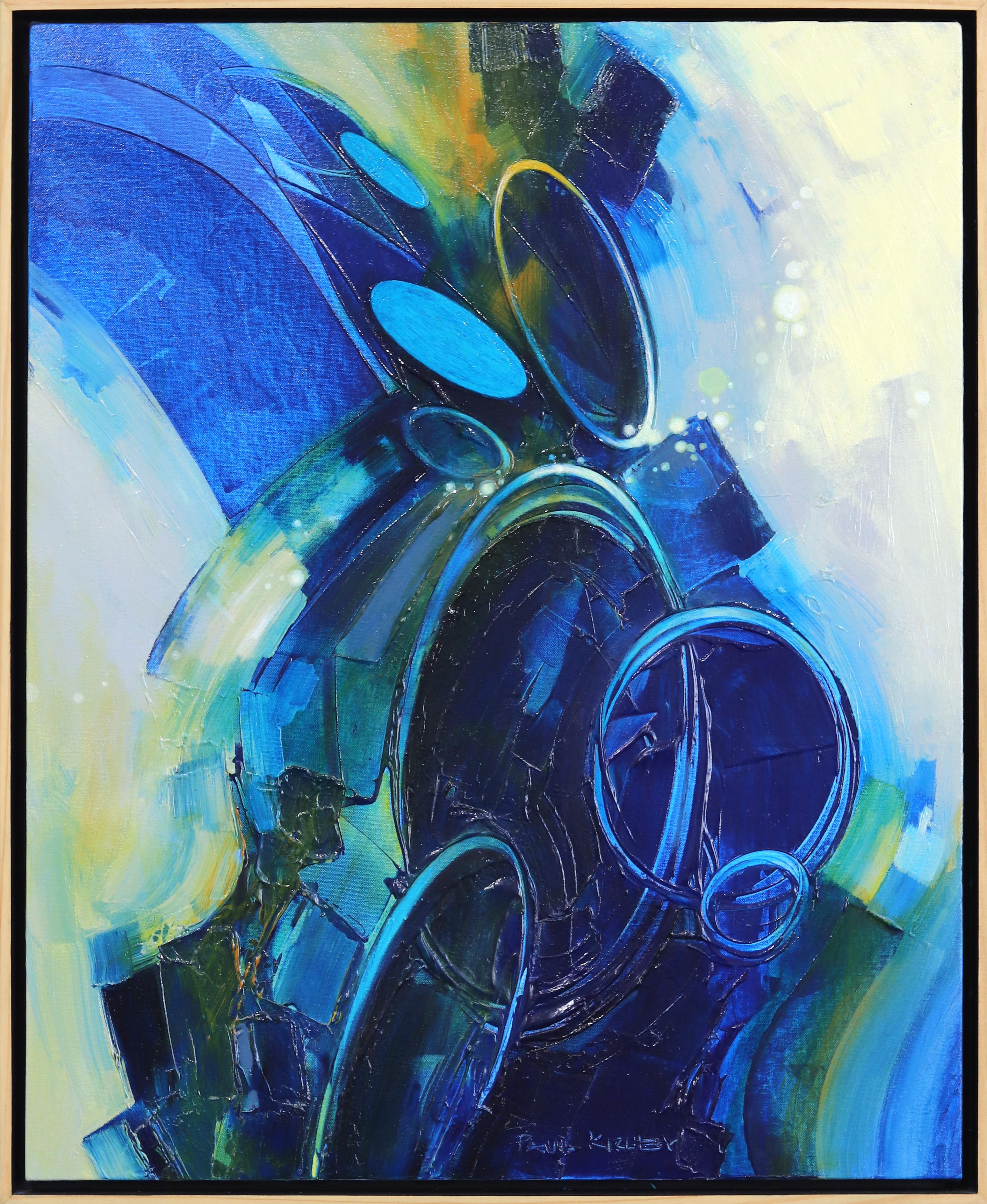 Paul Kirley Abstract Painting – Bewegung in Blau  Blaues abstraktes gerahmtes Gemälde