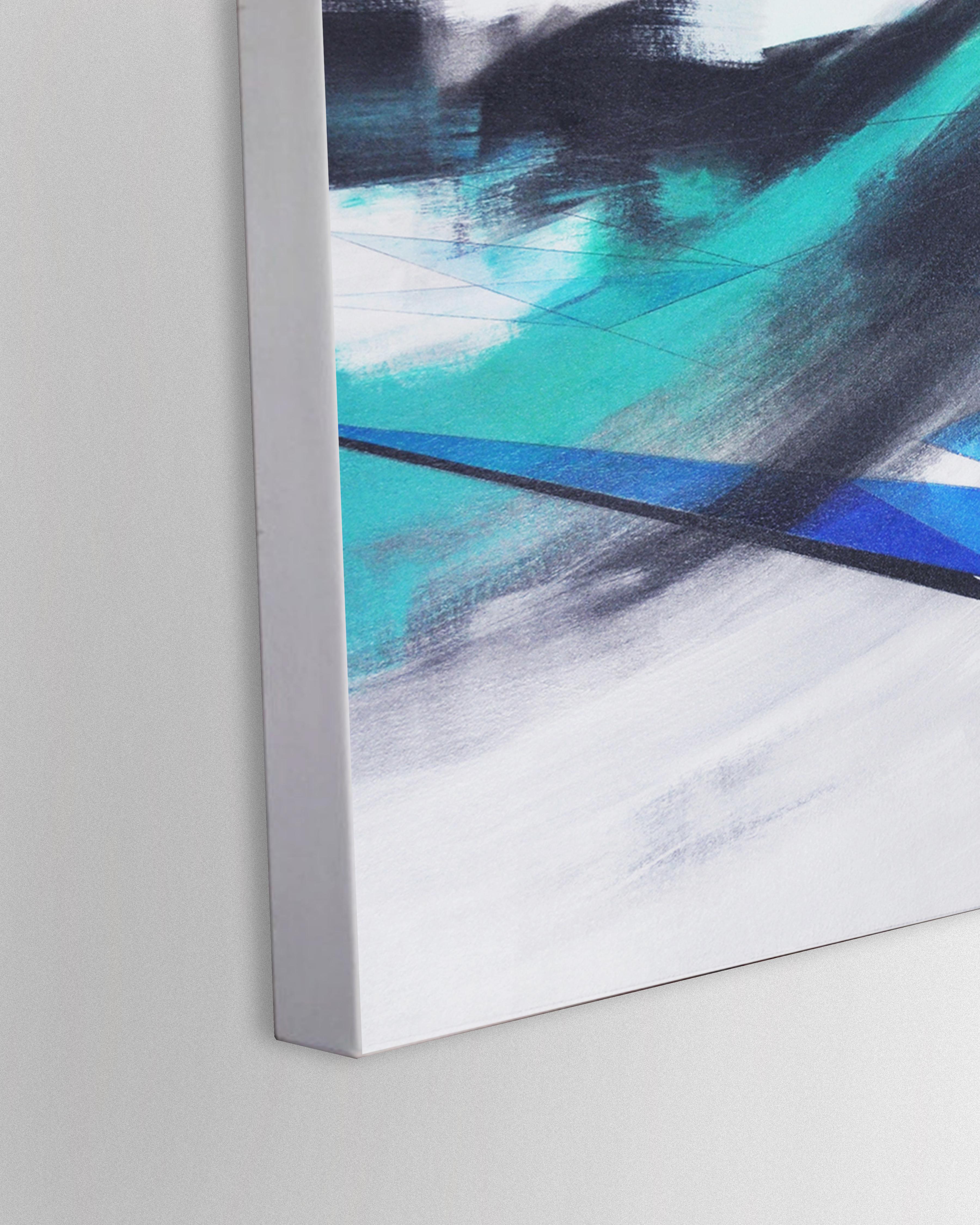 <p>Artist Comments<br />Fluid blue, turquoise, and black waves sweep underneath sharp geometric shapes in this modern abstract. Leading towards a collective direction, thin delicate lines unanimously flow with all of the elements of the composition.