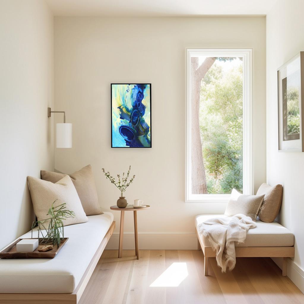 Dreams of a Cove on IOS  - Blue Abstract Framed Painting For Sale 3