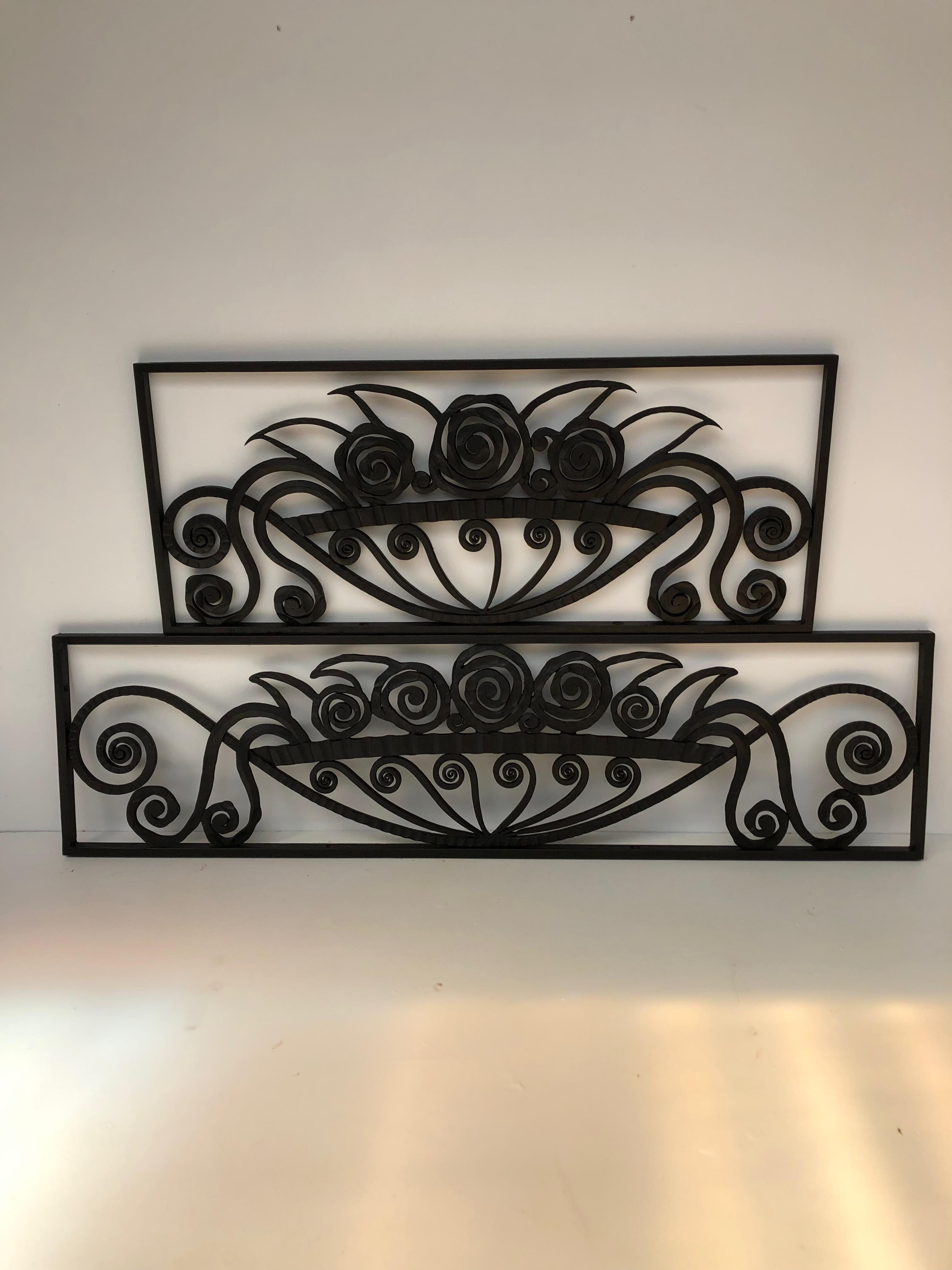 Paul Kiss 2 decorative elements Art Deco wrought iron door transom For Sale 2