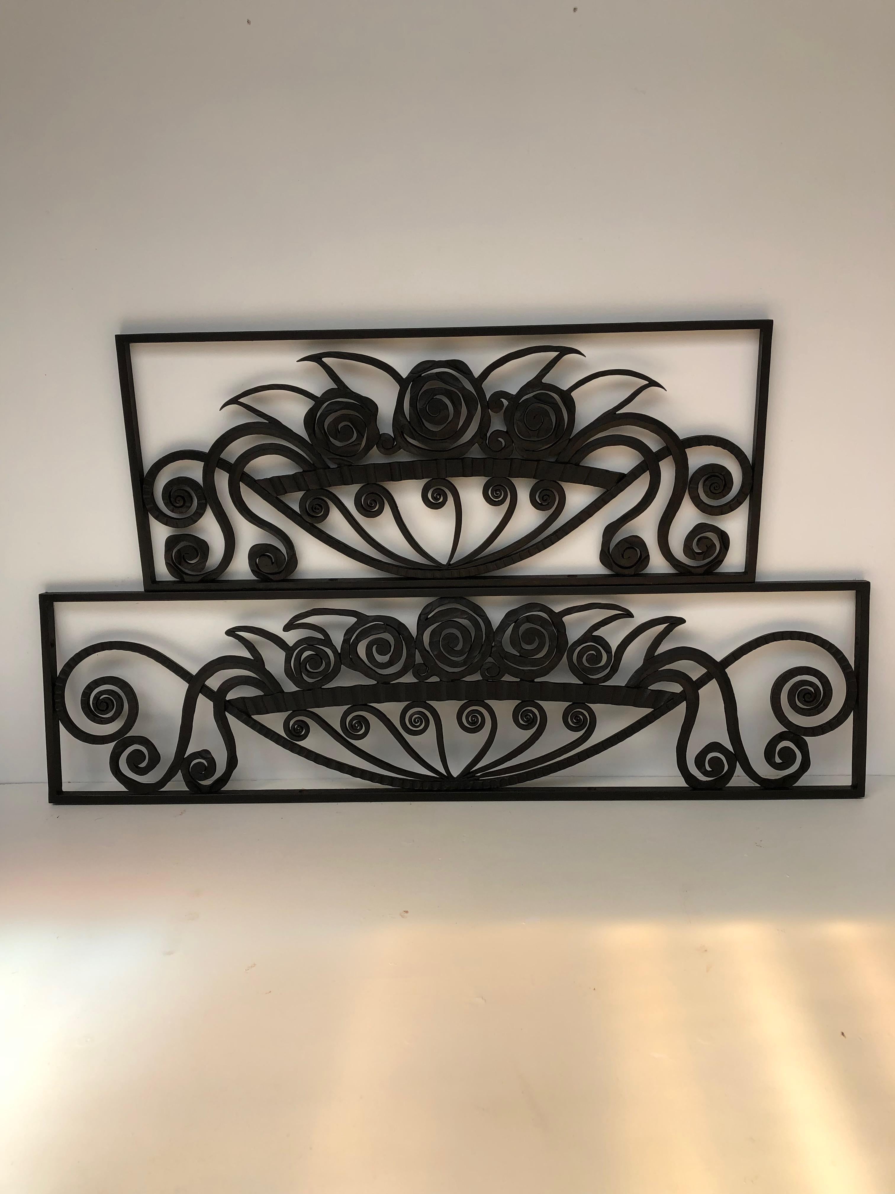 Paul Kiss 2 decorative elements Art Deco wrought iron door transom For Sale 3