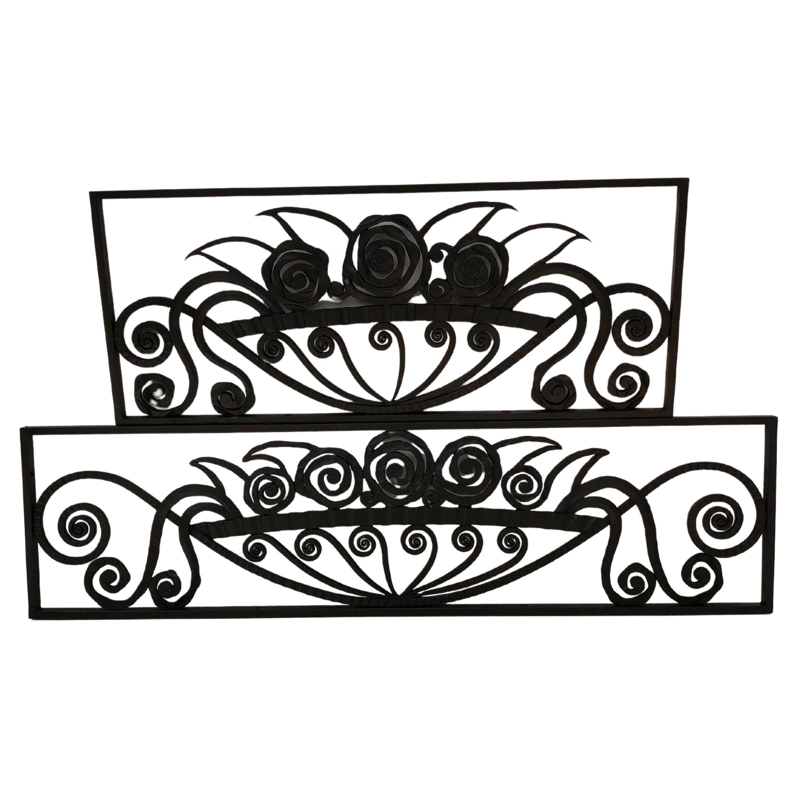 Paul Kiss 2 decorative elements Art Deco wrought iron door transom For Sale
