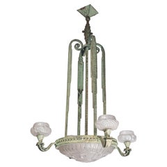 Paul Kiss, Genet&Michon, Large Art Deco Chandelier, Cast Iron, Molded Glass 1925