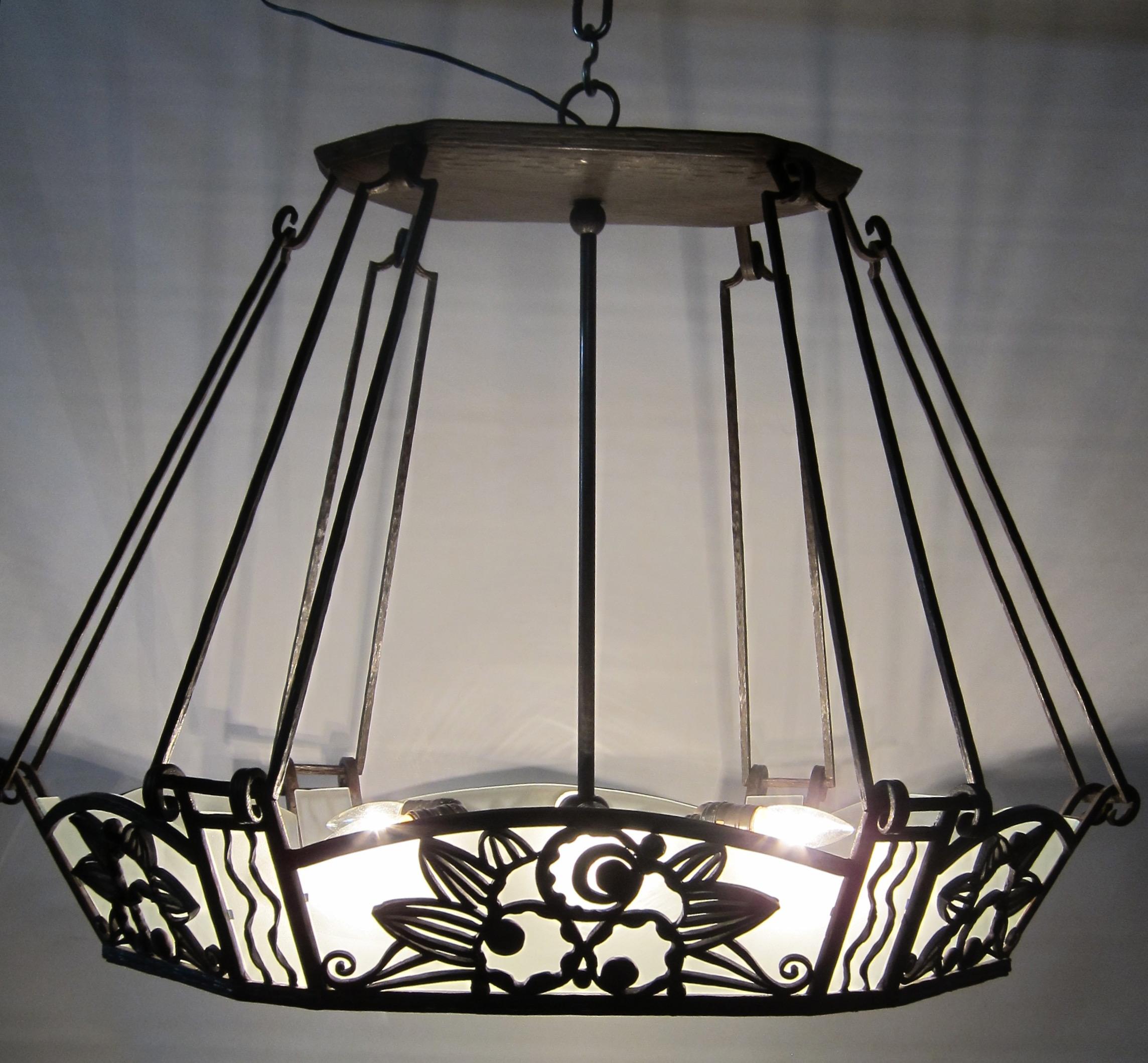 Paul Kiss Wrought Iron and Glass Hanging Fixture 4