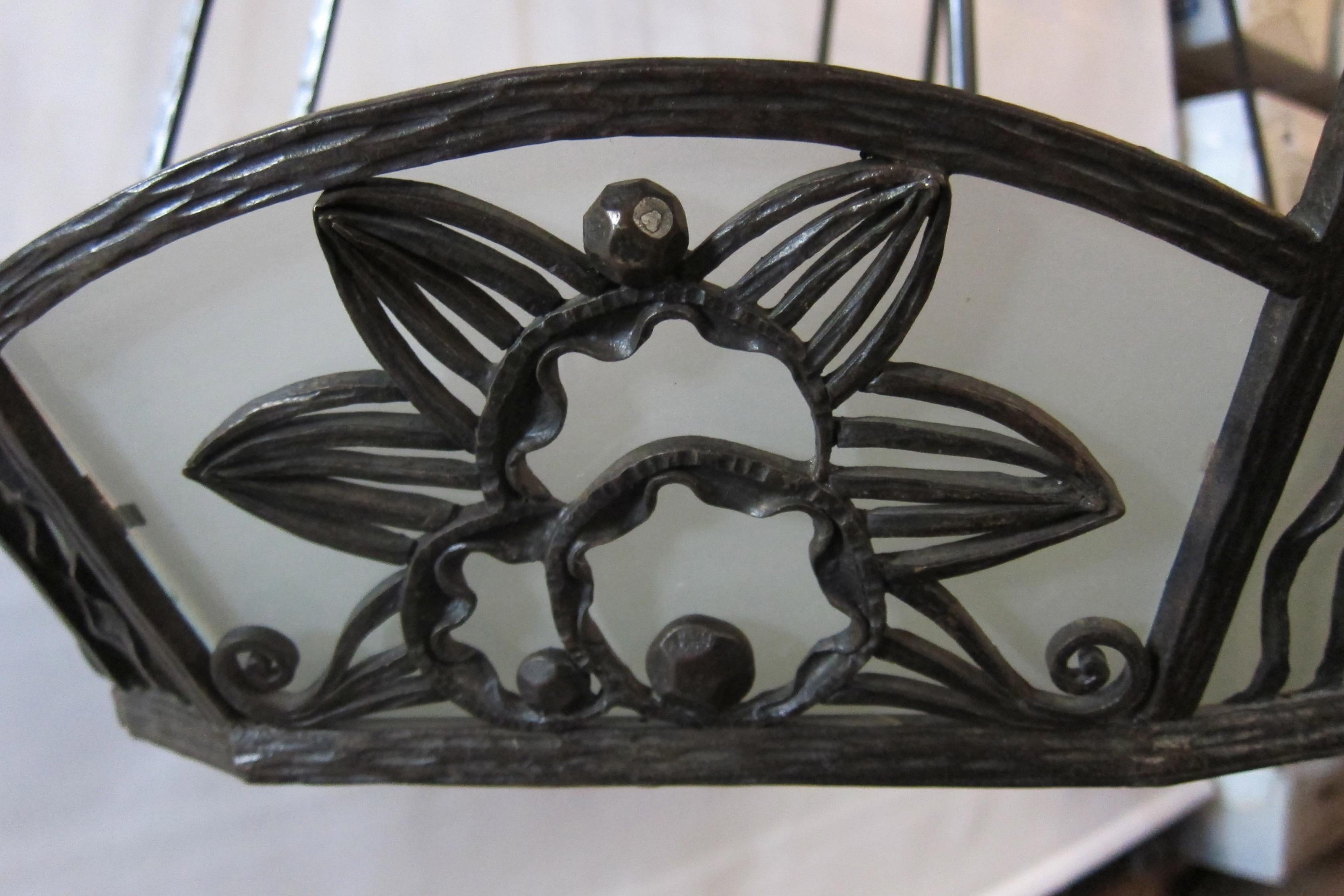 French Paul Kiss Wrought Iron and Glass Hanging Fixture