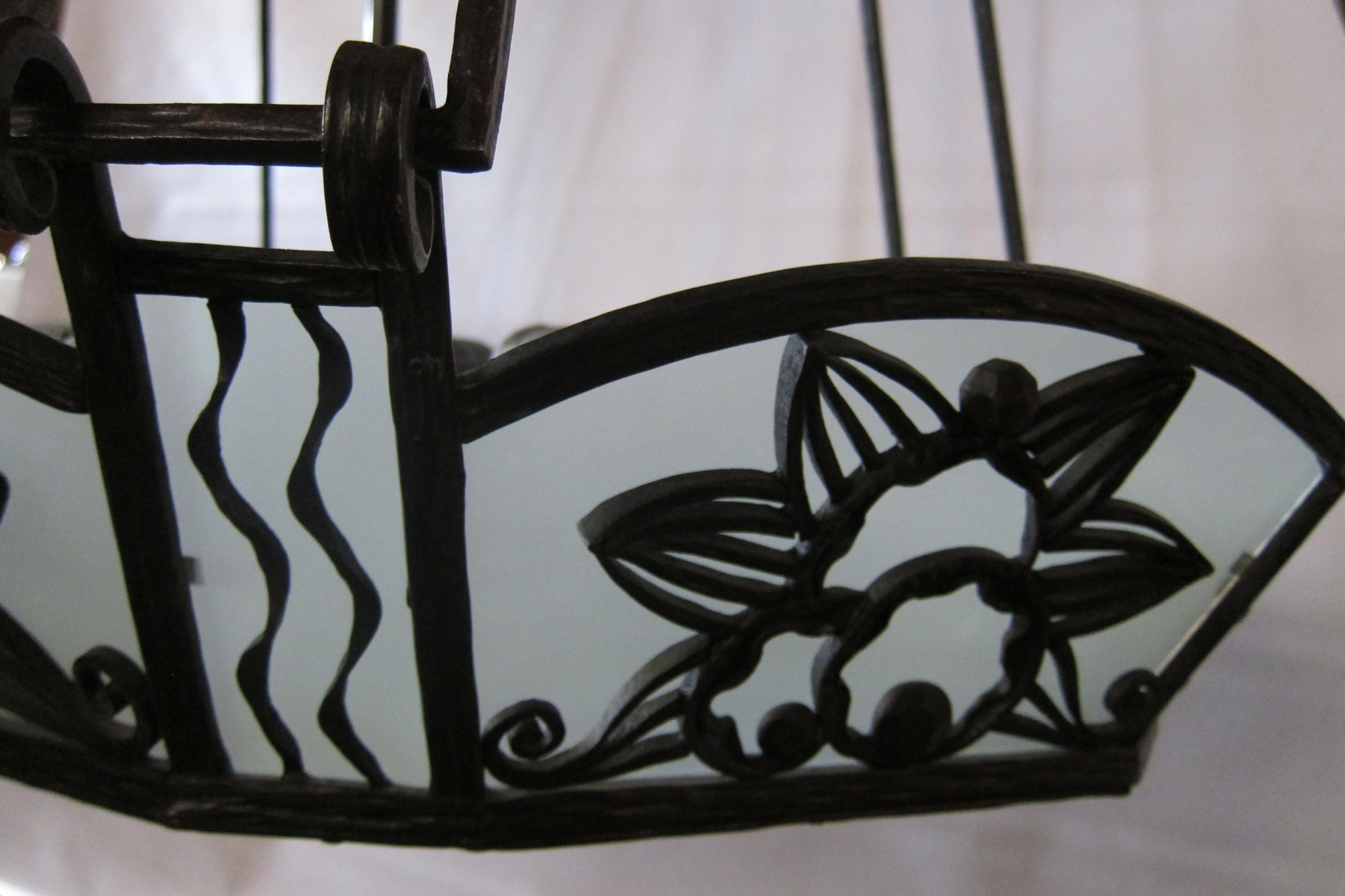 Frosted Paul Kiss Wrought Iron and Glass Hanging Fixture