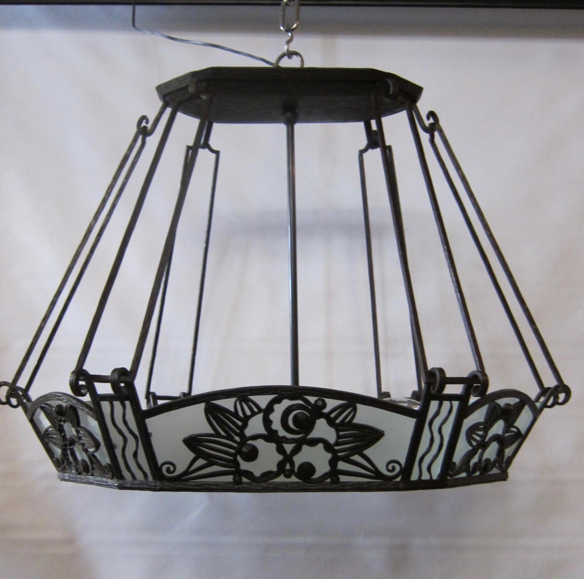 Paul Kiss Wrought Iron and Glass Hanging Fixture In Good Condition In Bronx, NY