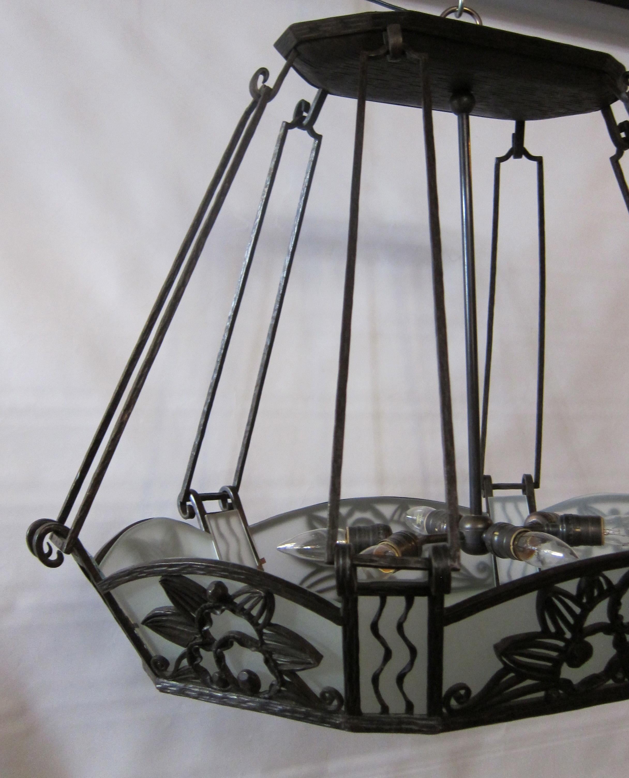 20th Century Paul Kiss Wrought Iron and Glass Hanging Fixture