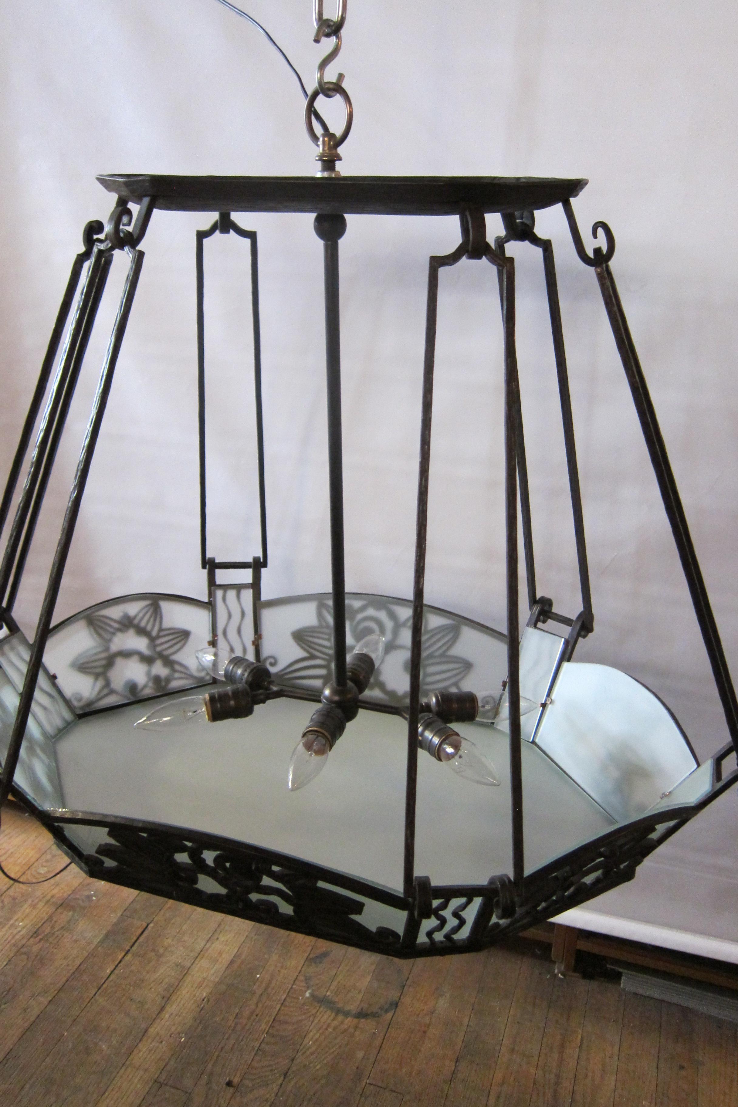 Paul Kiss Wrought Iron and Glass Hanging Fixture 2