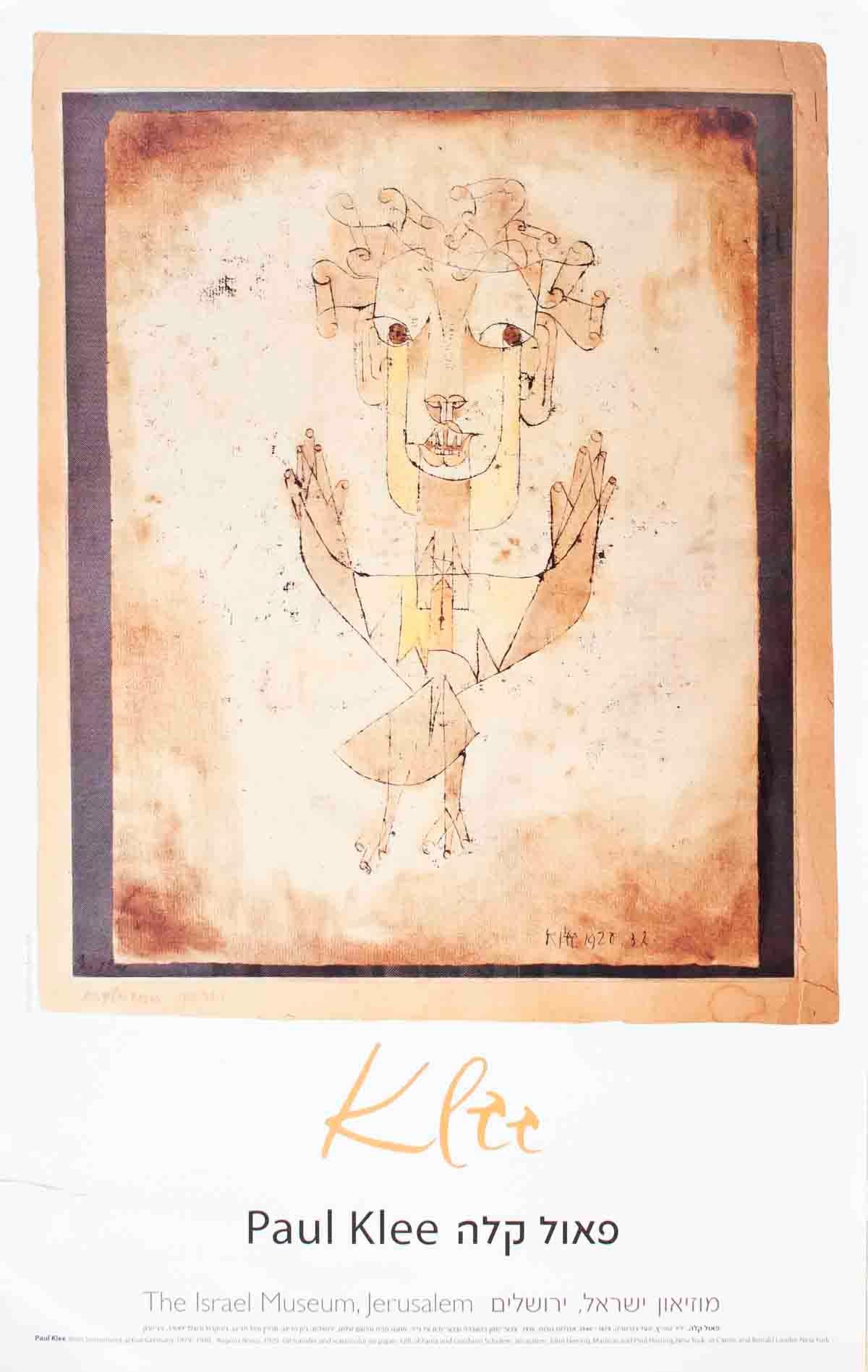 This poster, published by The Israel Museum in Jerusalem for a 2005 exhibition, features a faithful reproduction of Paul Klee’s iconic monoprint Angelus Novus ("New Angel"). The image presents a stylized angel with startled, wide eyes, outstretched