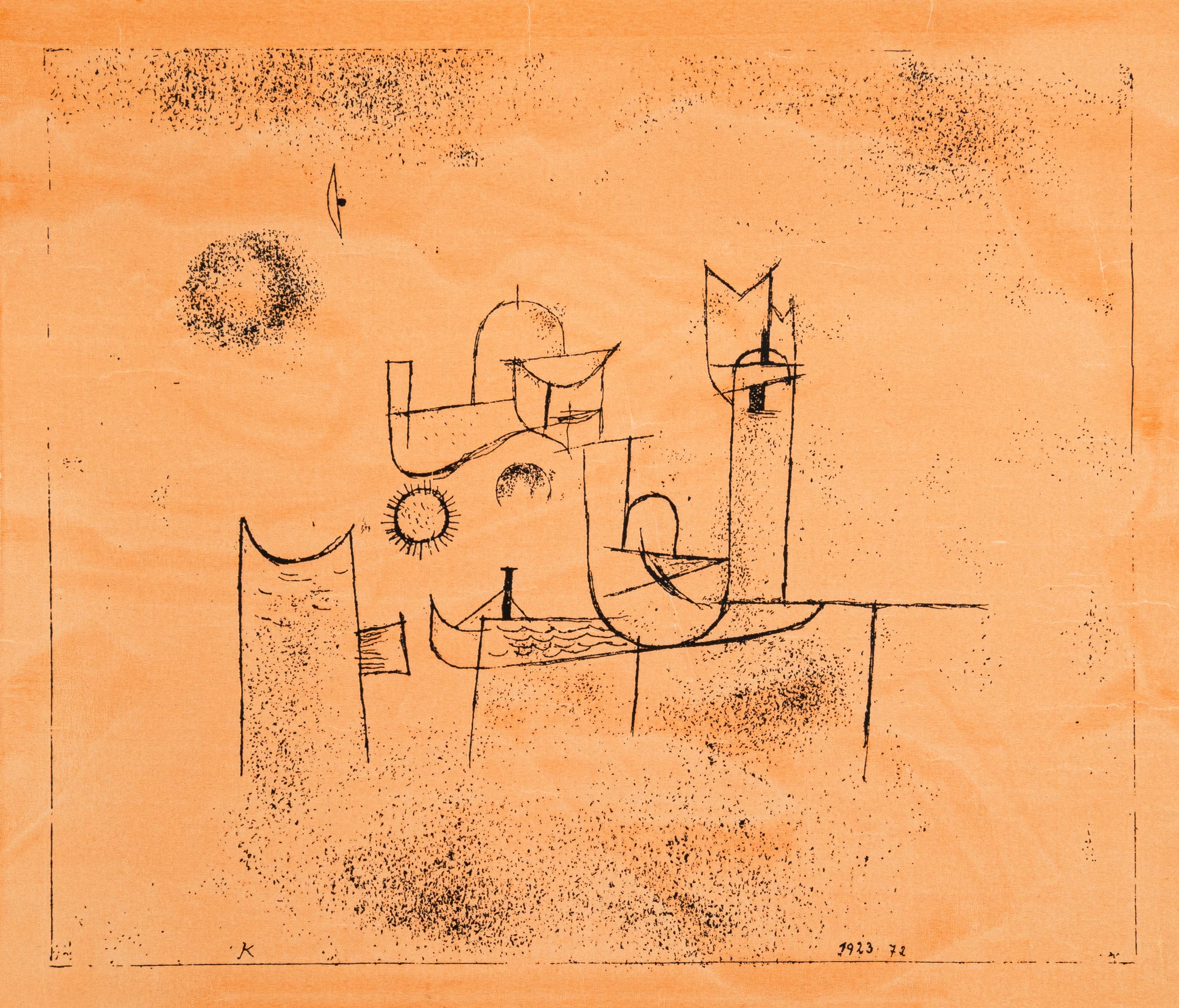 A modern lithograph on wove paper titled “Sonne Im Thor (Sun in the Gate)” after Paul Klee. Annotated 77/100 on the lower left. Few impressions (only 3 known, one of them hand-colored). This abstract composition showcases Klee’s whimsical yet