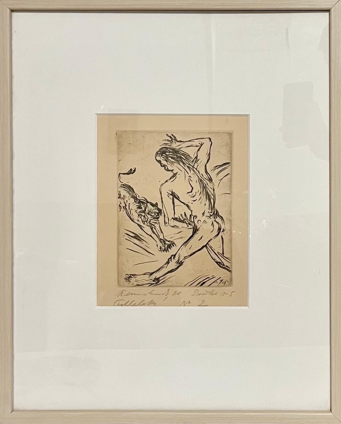 1920 German Expressionist Figurative Etching Daniel with Lion Paul Kleinschmidt