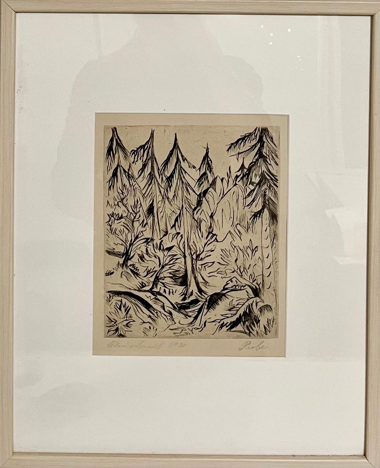 Paul Kleinschmidt, (1883-1949)
"El Bosque"
Litografía sobre papel crema
1920
Marco: 21" X 17
Imagen: 10.75" X 8.5"
Una escena de bosque expresionista con pinos
Procedencia: lleva etiquetas de ACA Galleries y Richard A. Cohn LTD.
En la etiqueta se
