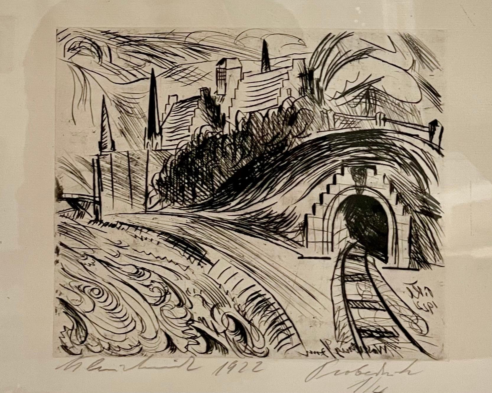 1922 German Expressionist Figurative Train Tunnel Etching Paul Kleinschmidt For Sale 1