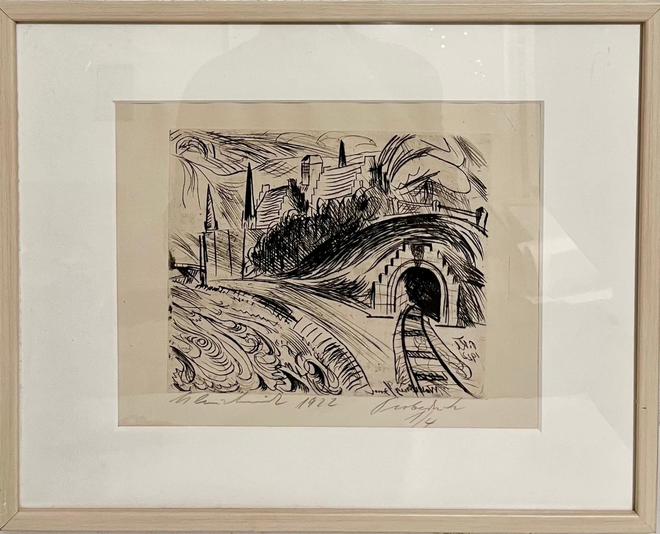 Paul Kleinschmidt, (1883–1949)
"Tunnel" Etching
1922
Frame: 17" X 21"
Image: 10.5" X 13.5"
Rare Artist's Proof edition 1 of 4
An architectural study of a bridge and train tunnel
Provenance: bears labels from ACA Galleries and Richard A. Cohn