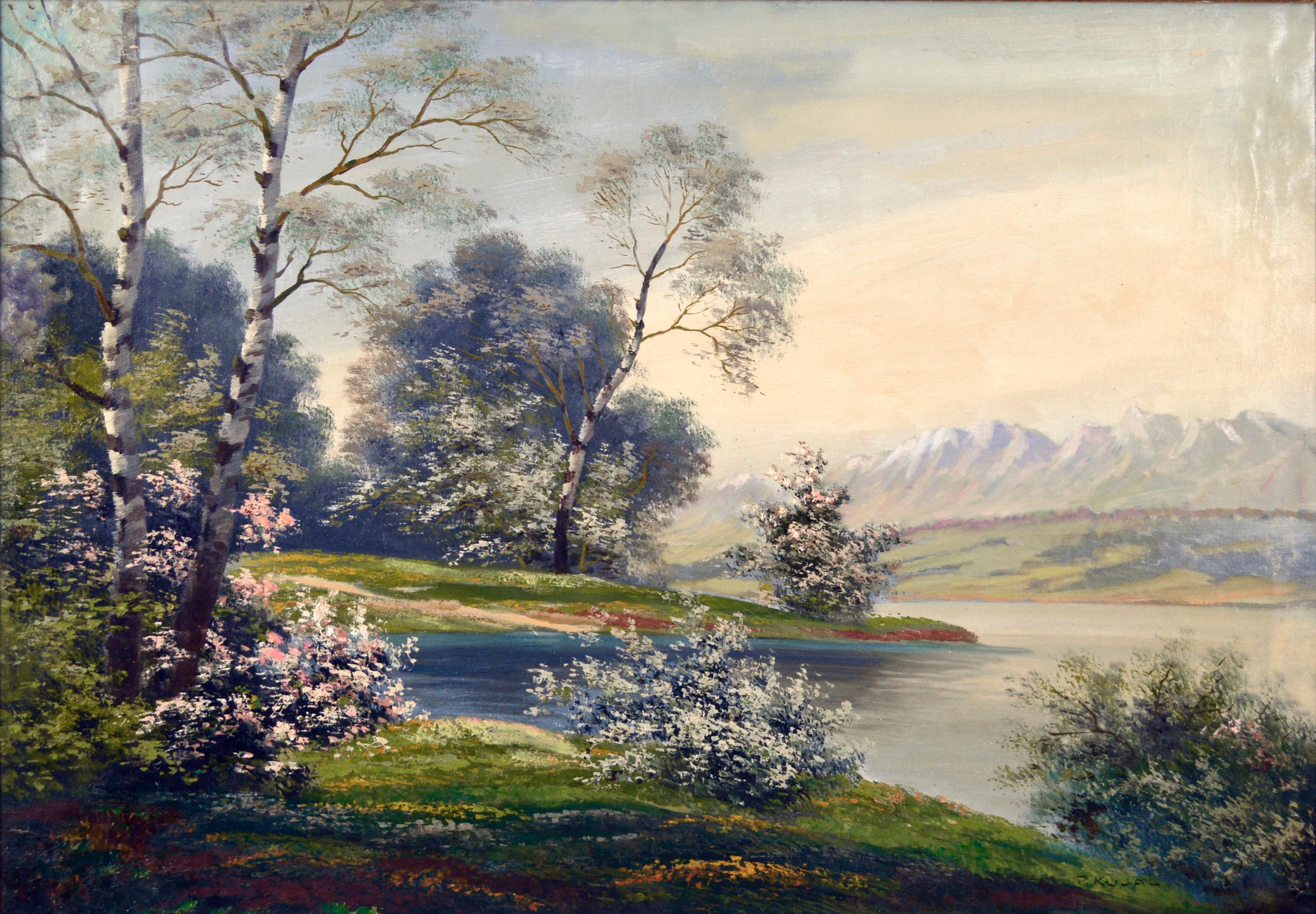 Springtime near the Austrian Alps by Paul Kujal 
Serene depiction looking out over the water with the Austrian Alps in the background by Paul Kujal (Austrian, 1888-1965). In this beautiful mid 20th century spring time scene, a grassy hillside on the