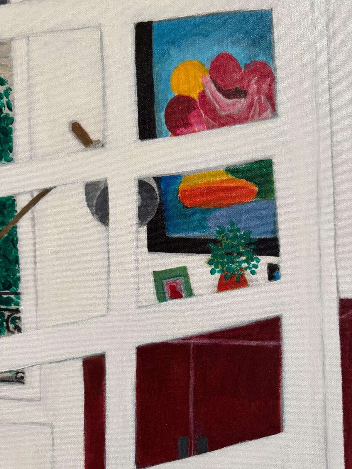 Paul Kupelian’s Pergolese 1 is a vibrant interior scene that blends intimacy with narrative complexity. Executed in acrylic on canvas, the work measures 150 x 100 cm and exemplifies Kupelian’s signature style—flat yet dynamic compositions that