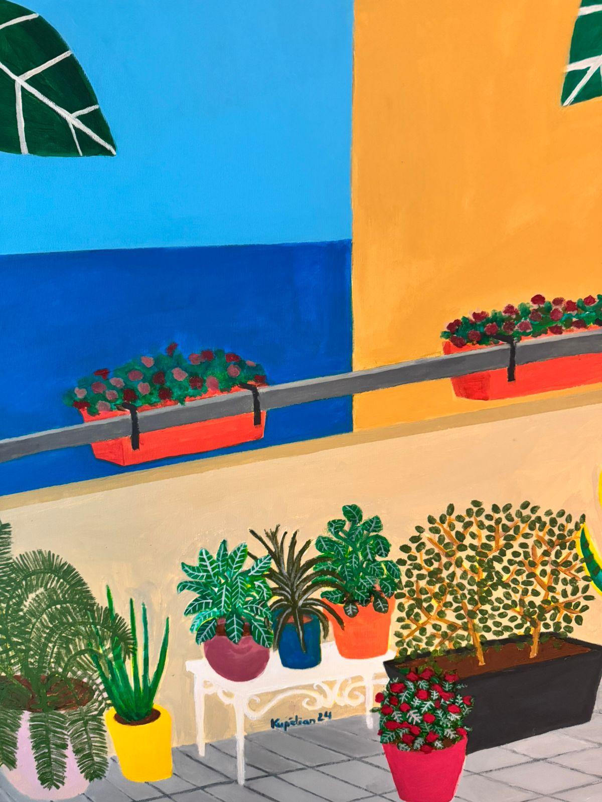 Paul Kupelian’s View from my balcony with a twist (2024) is a vibrant acrylic on canvas measuring 72 x 120 cm. The work transforms a familiar Mediterranean balcony scene into a celebration of colour, balance, and interiority. Kupelian’s signature