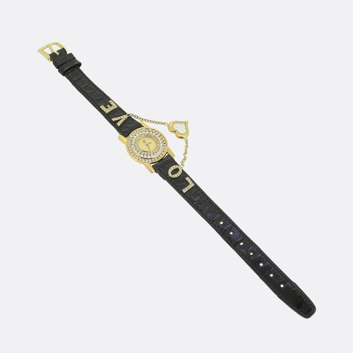 Here we have a Paul Kutchinsky wristwatch crafted in 18ct yellow gold. The watch features a triple diamond-encrusted bezel, showcasing a radiant array of round brilliant cut diamonds. The face boasts a rich gold-toned dial, marked with the Paul