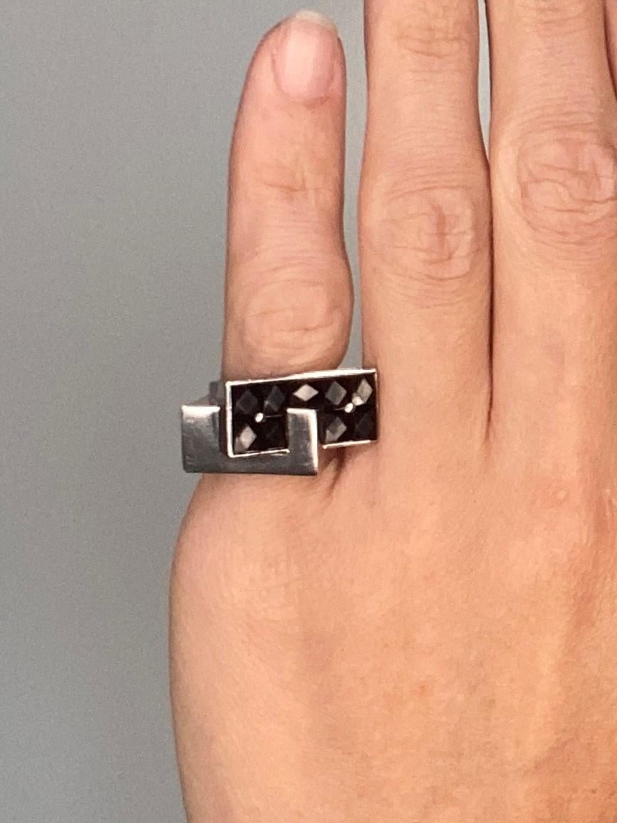 Paul Lackritz 1930 Art Deco Geometric Ring in .900 Platinum with Black Jade 1